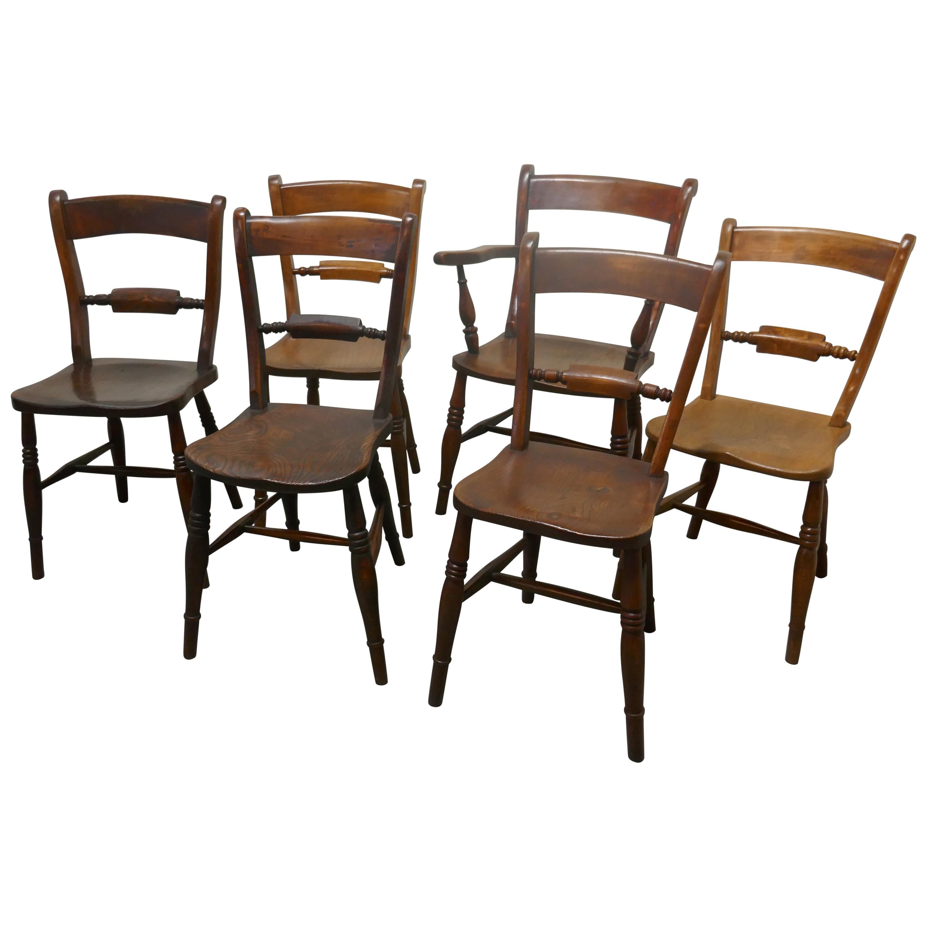 Harlequin Set of 6 Victorian Beech and Elm Rope Back Kitchen Chairs