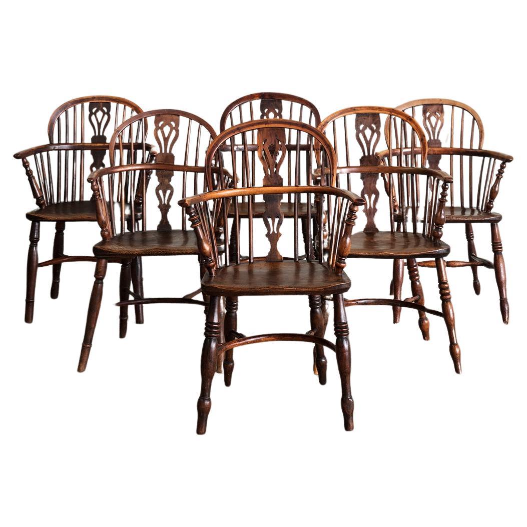 A Harlequin Set of Six Yew Wood Windsor Armchairs