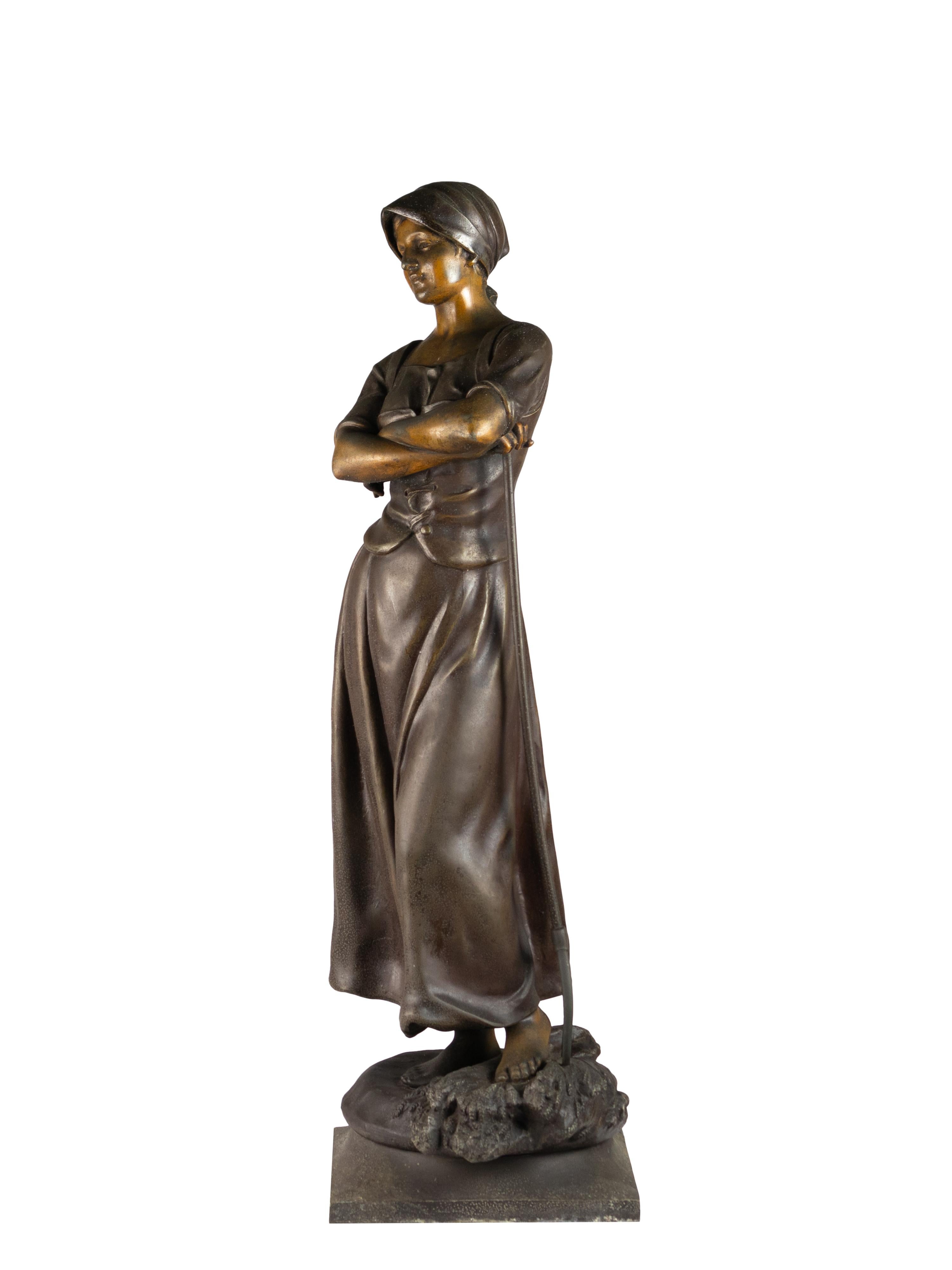 Una statua neoclassica Harvesting Girl in spelta di A. J . Scotte (1885-1905) firmato e datato 
