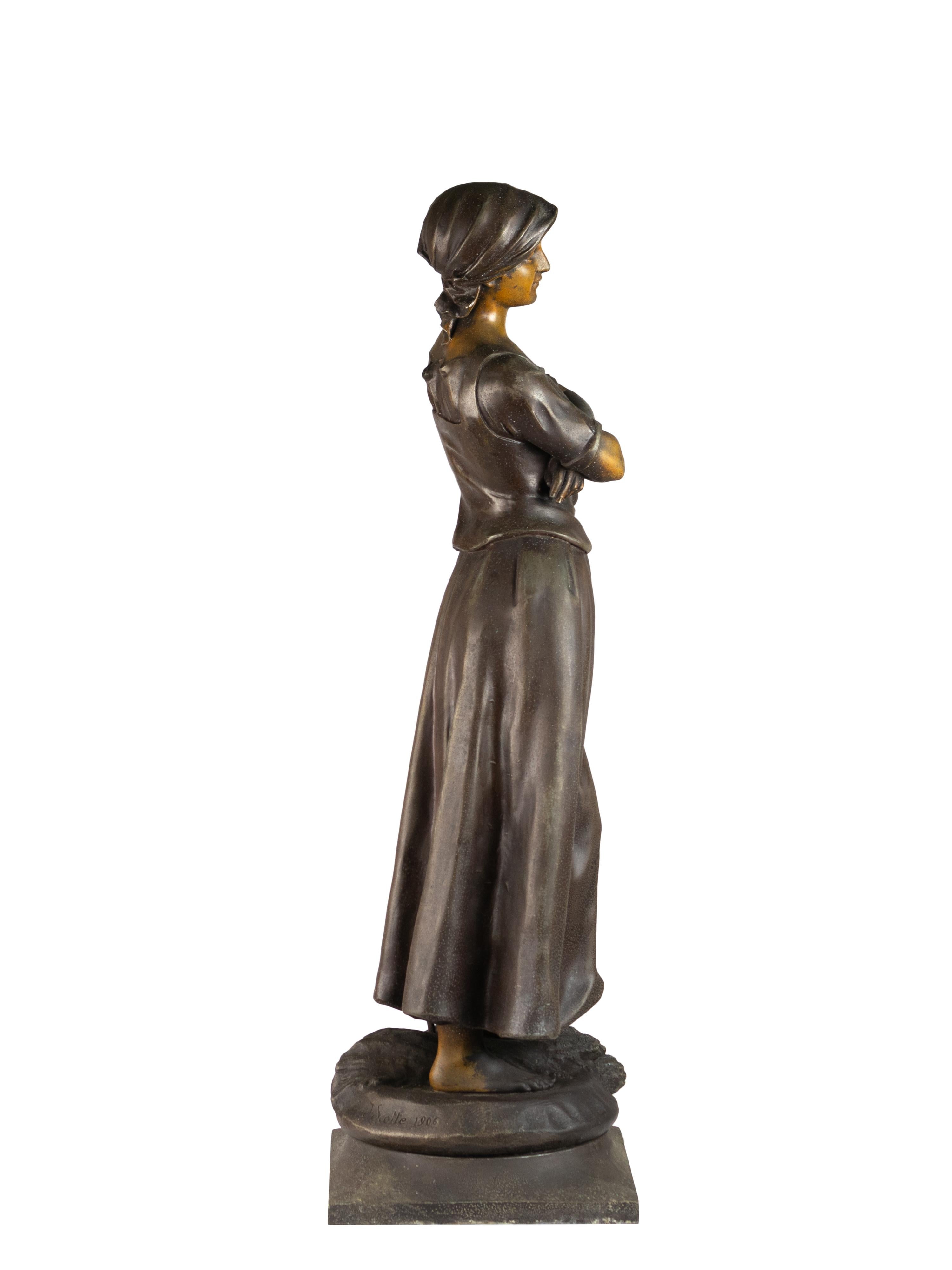 Patinato Statua della ragazza che raccoglie di A . J . Scotte (1885-1905) in vendita