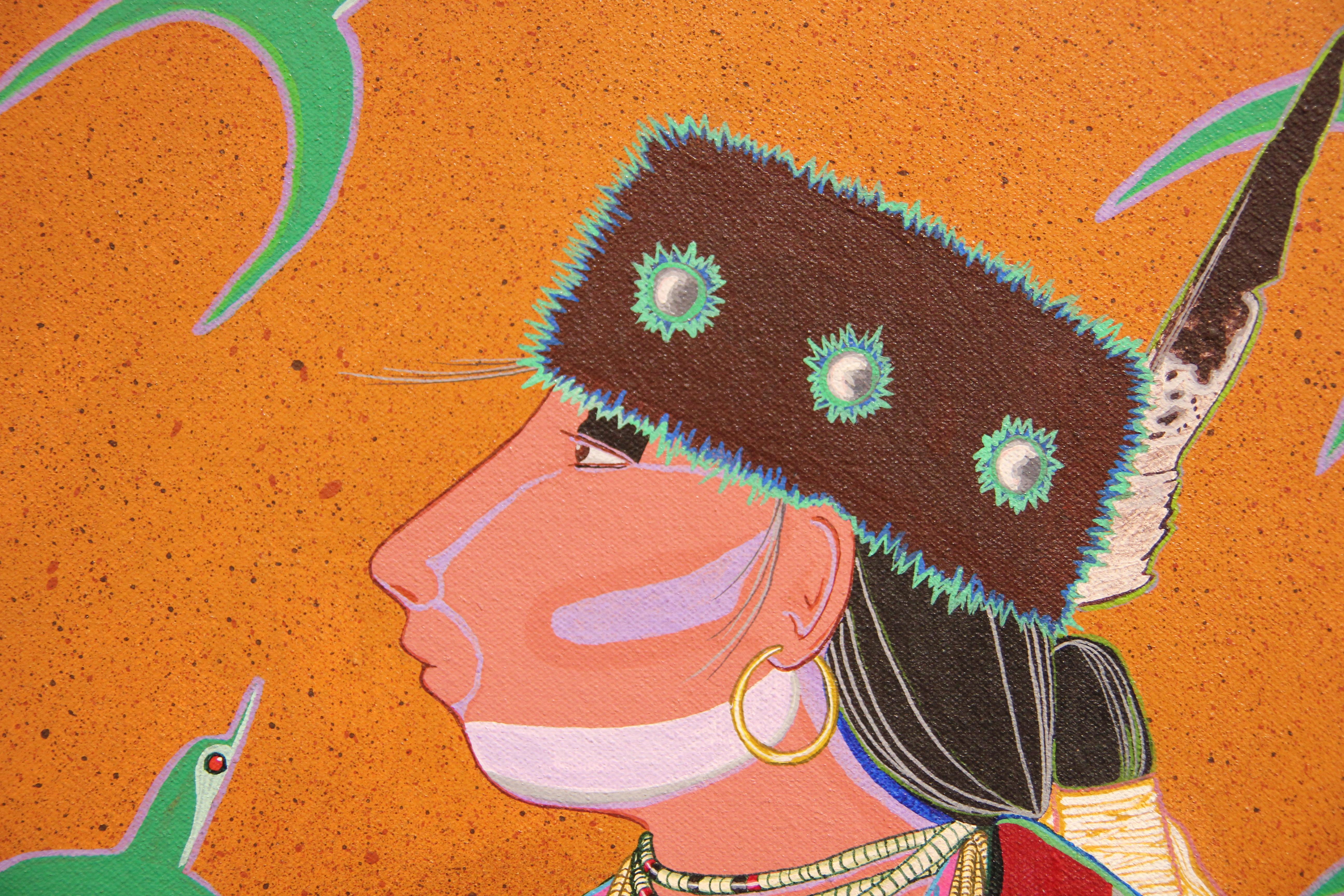 Jewel toned abstract contemporary portrait of a Native American by artist A. Harvey. Native American woman wearing a pink garment, heavily beaded pieces of jewelry, and a gray shawl with red lining and cross patterns. Subject sits against an orange