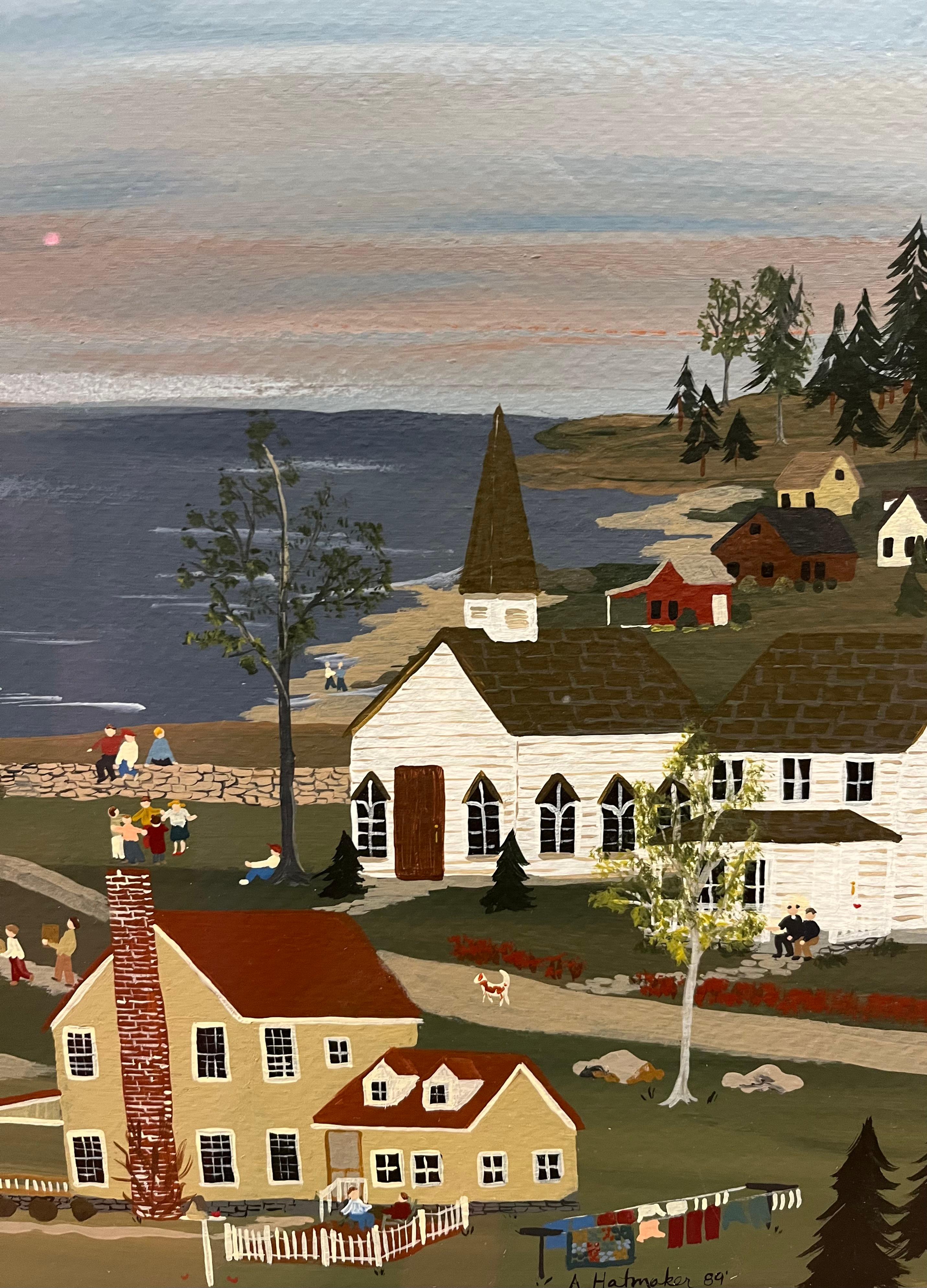 Dieses 1989 von A. Hatmaker geschaffene Gemälde mit dem Titel New England Town by the Sea fängt den Charme eines malerischen Küstendorfs in Neuengland ein. Die im Stil der Volkskunst gestaltete Szene zeigt eine friedliche Gemeinde am Meer mit