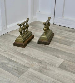 A Heavy and Attractive Pair of Victorian Brass Andirons or Fire Dogs