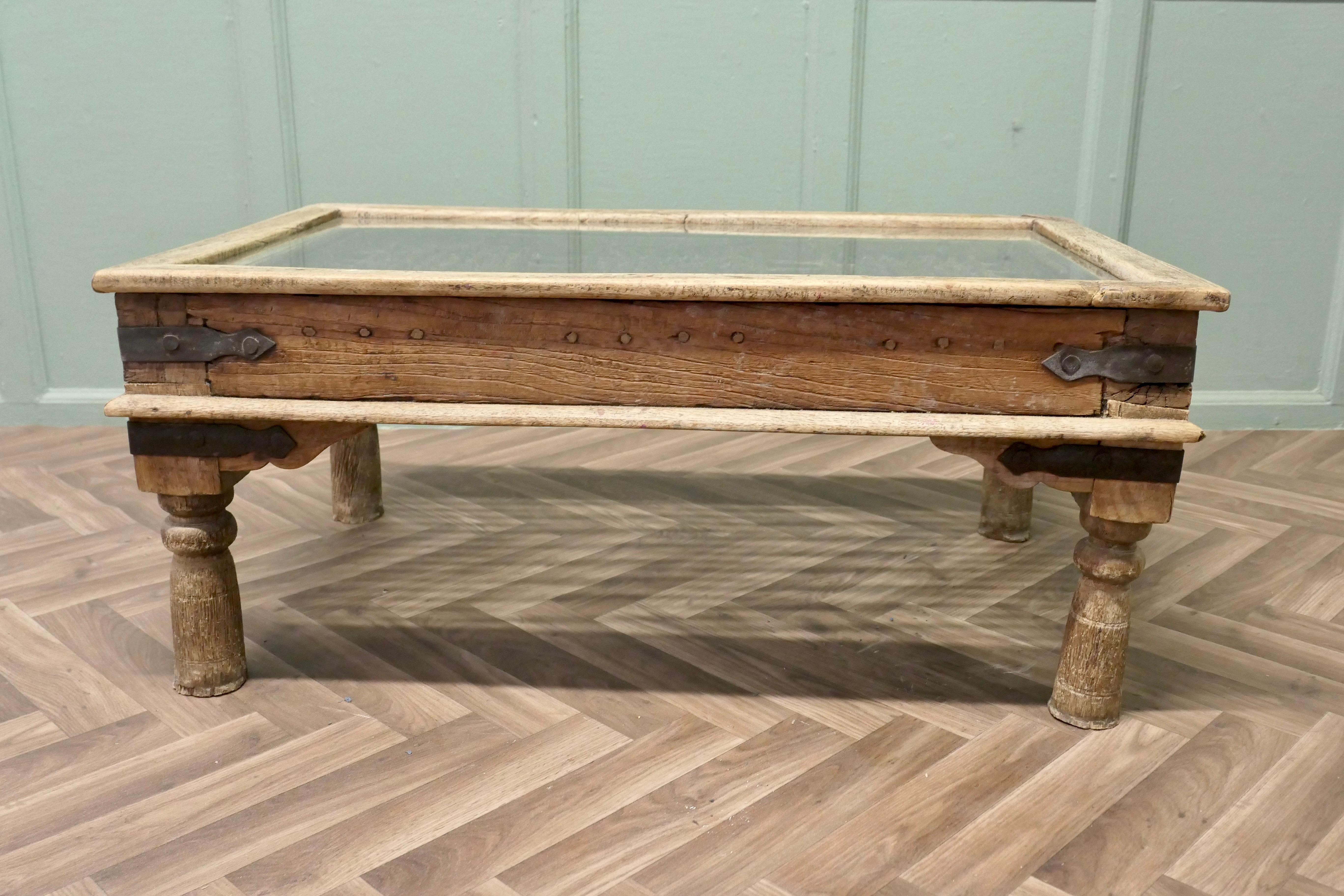 Folk Art A Heavy Coffee Table with Inset Iron Grill Panel For Sale