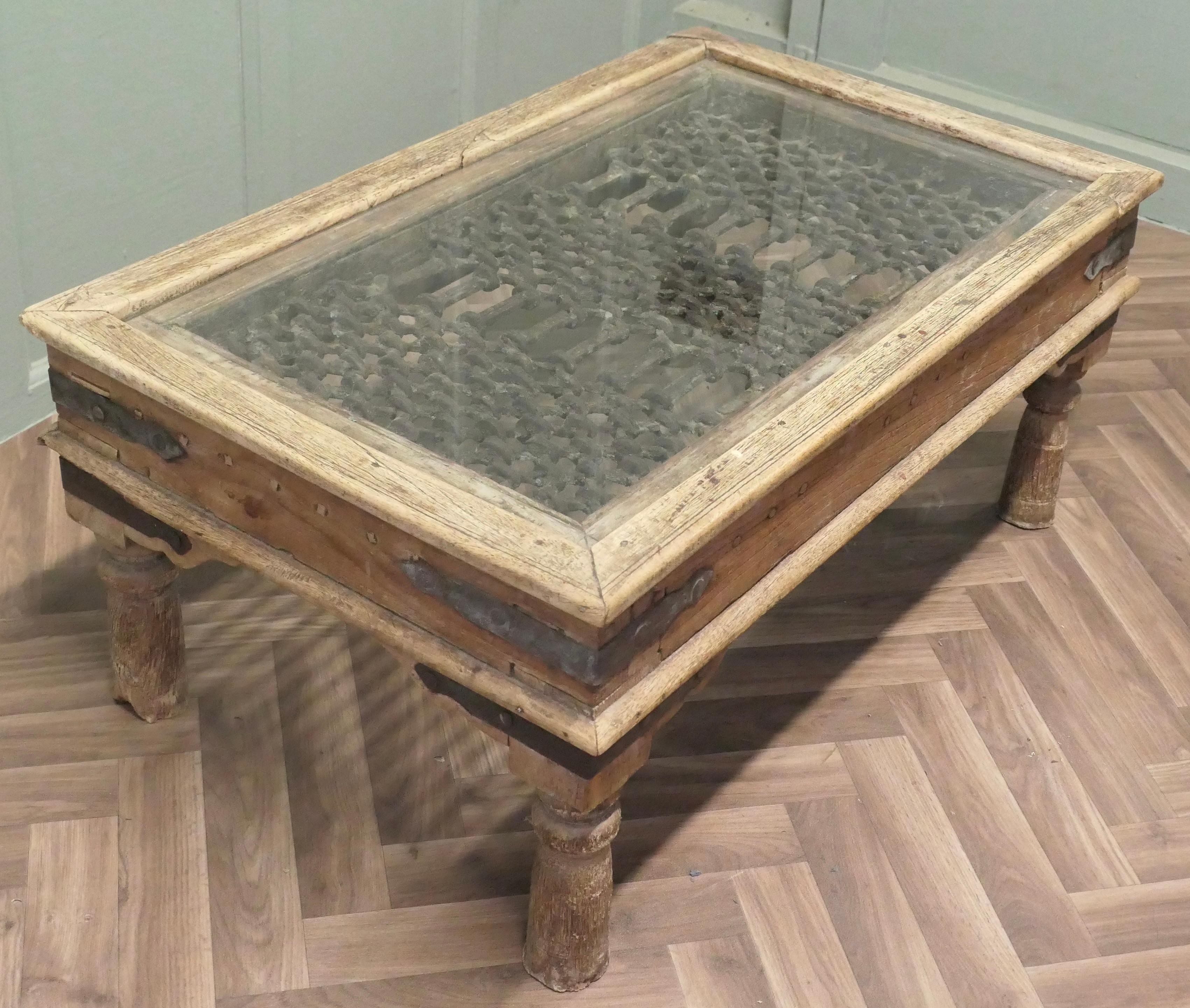 A Heavy Coffee Table with Inset Iron Grill Panel For Sale 2