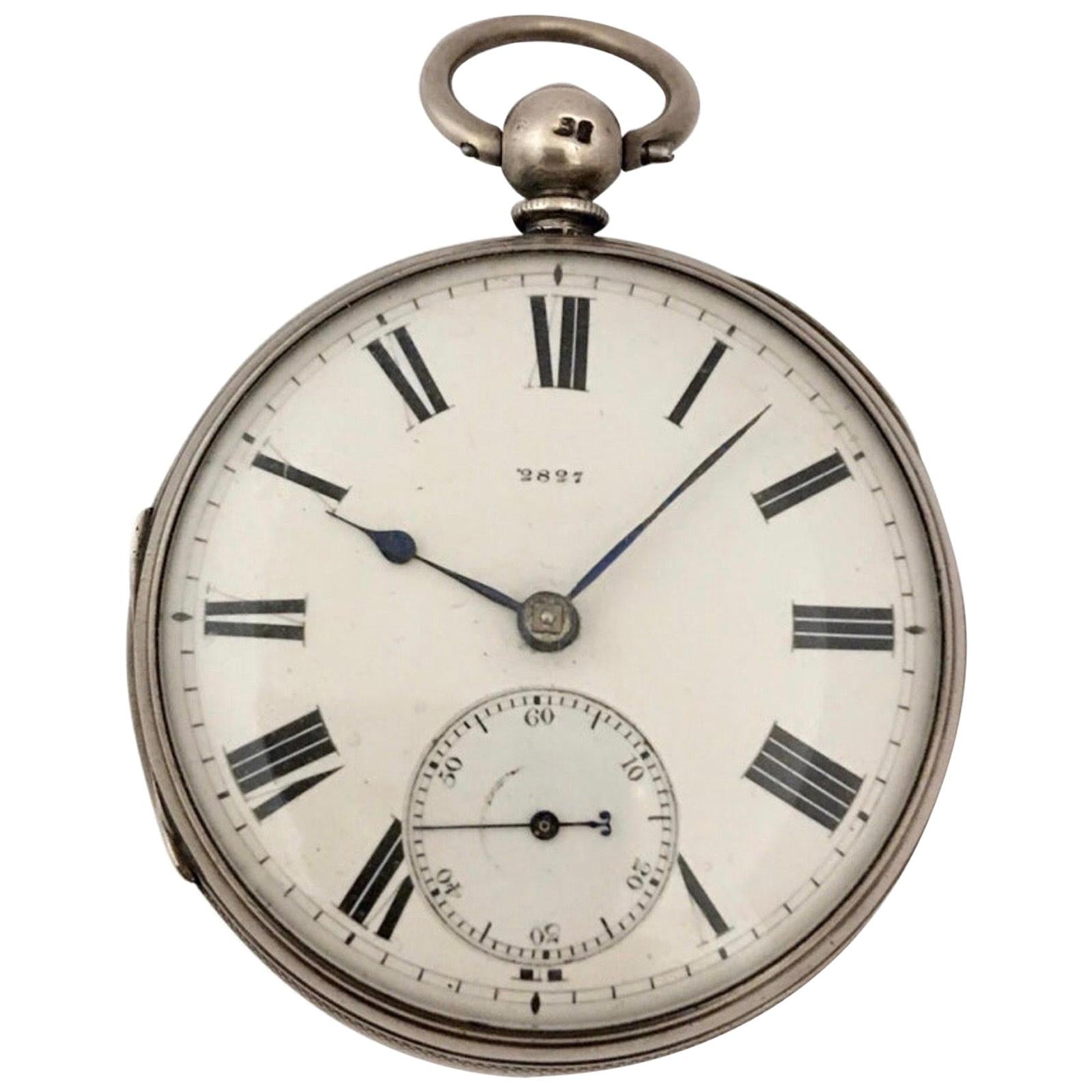 Heavy English Lever Fusee Silver Engine Turned Case Pocket Watch, circa 1866