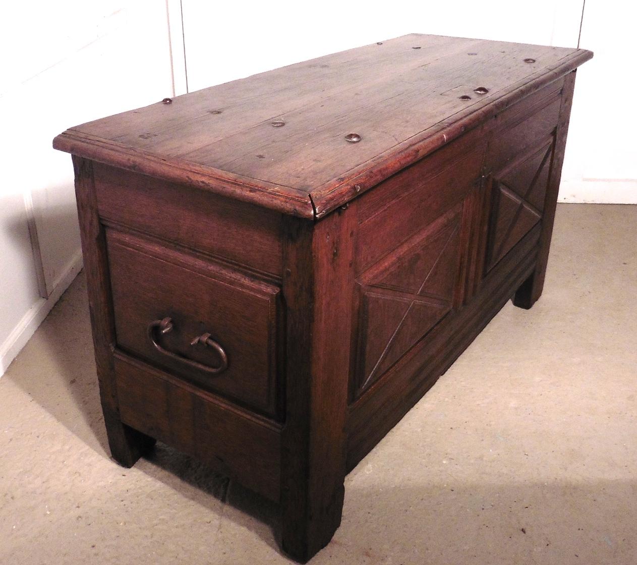 Gothic Heavy French Paneled Oak Coffer, 1800