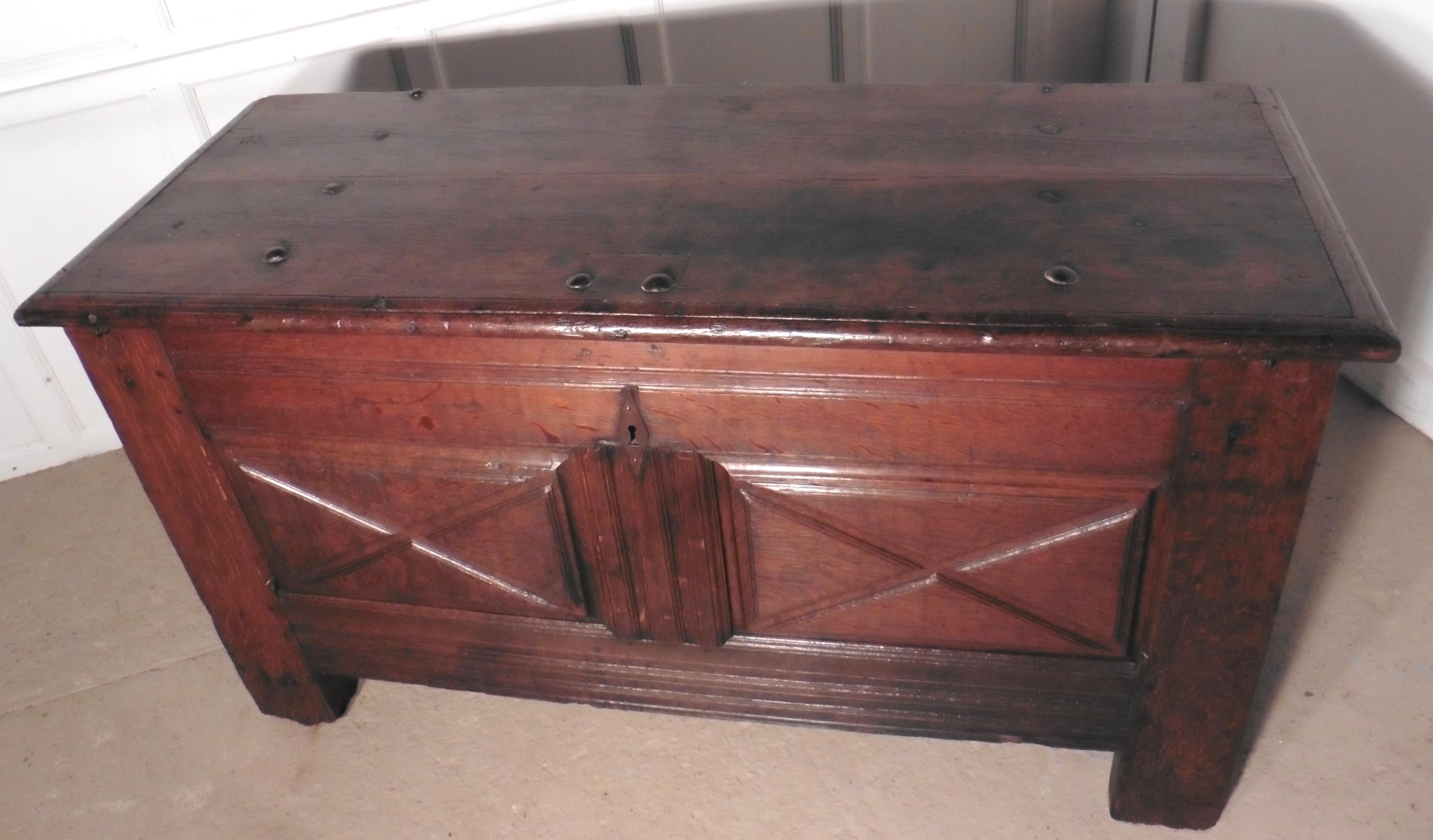 Gothic A Heavy French Panelled Oak Coffer     For Sale