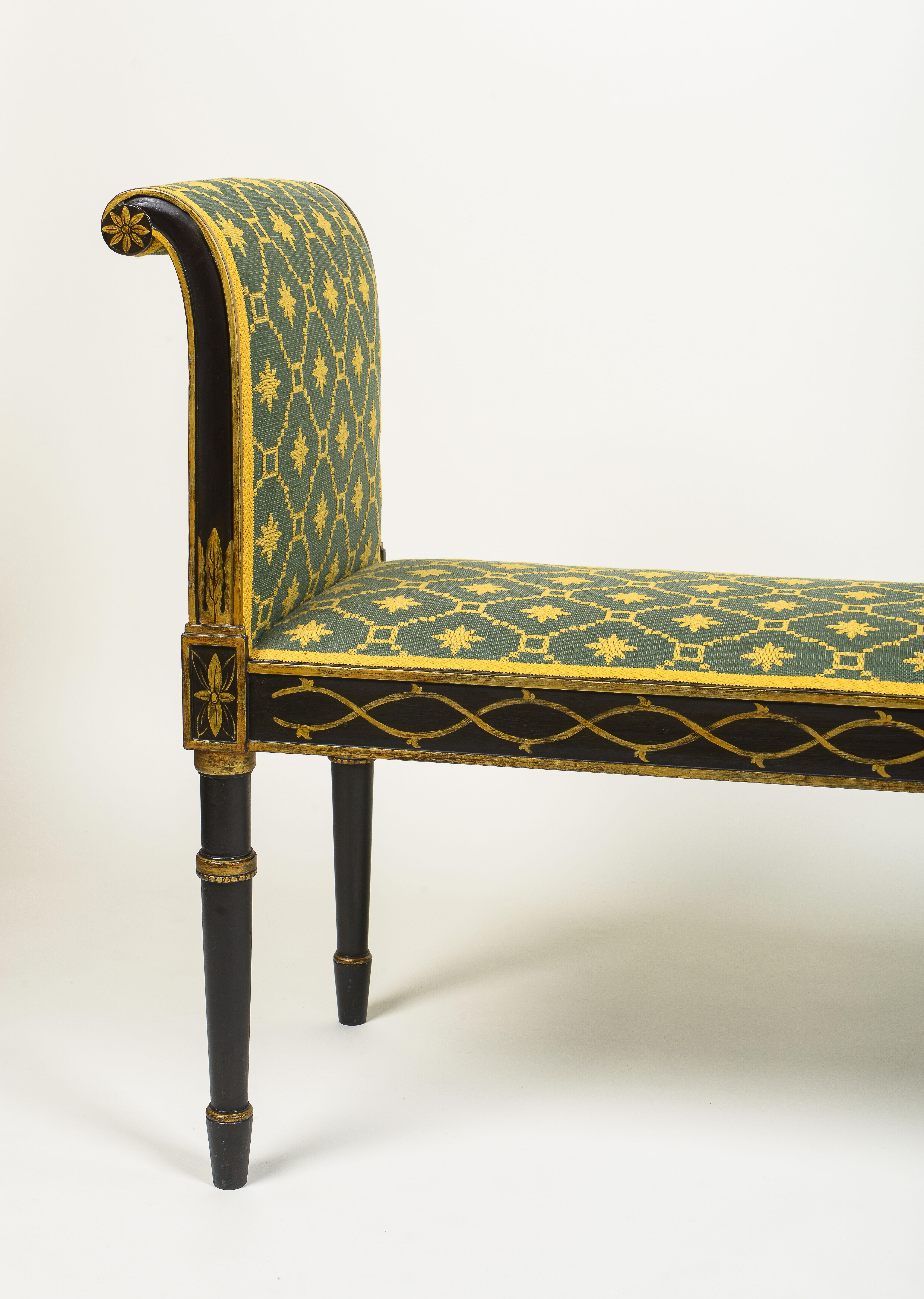 Upholstery A Hepplewhite Style Black and Ochre Painted Upholstered Window Bench For Sale