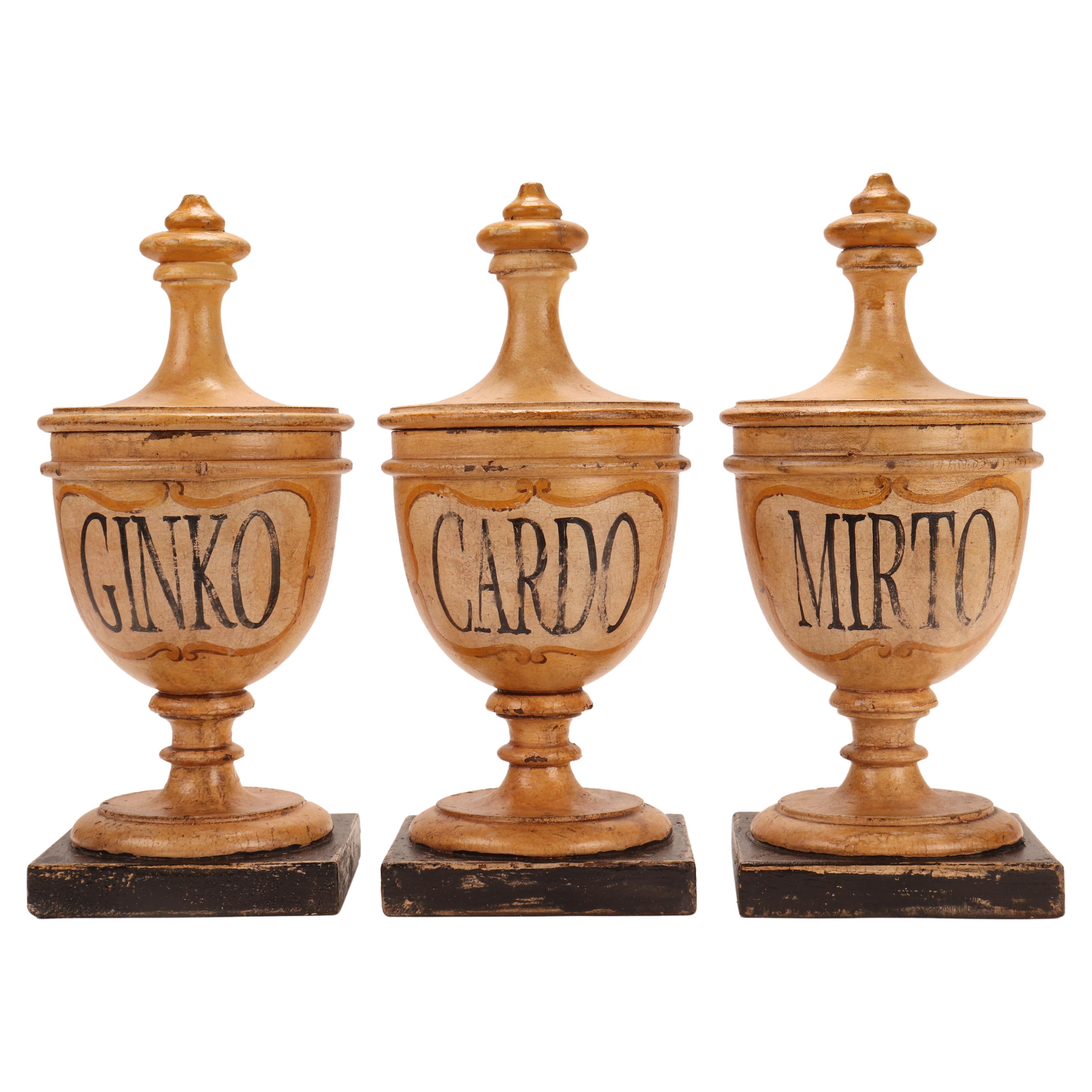 Herbalistische Apotheker-Holzgefäße aus Holz, Italien 1870