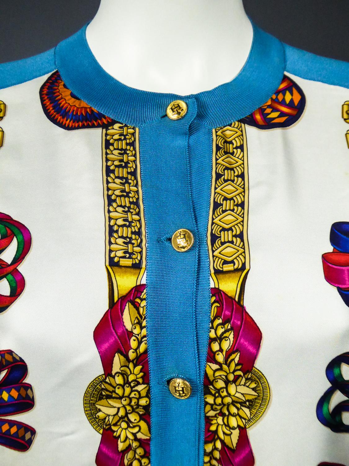 Blue A Hermès Cardigan Jacket in Silk Knit and Silk Print - France Circa 2000
