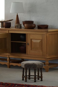 A Hexagon Stool in Oak, Reupholstered in Lambswool, Danish Cabinetmaker, 1950s