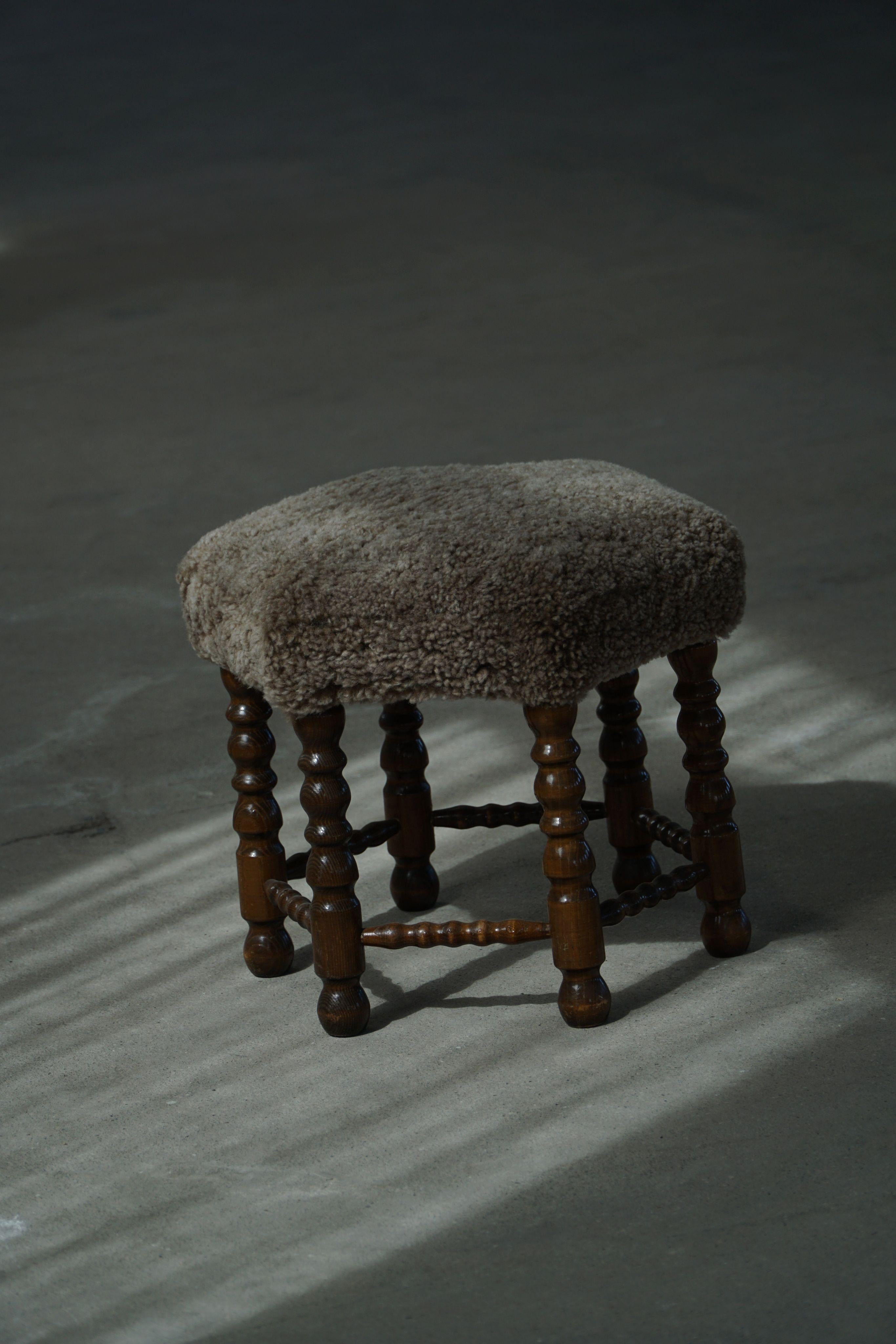 Scandinavian Modern A Hexagon Stool in Oak, Reupholstered in Lambswool, Danish Cabinetmaker, 1950s For Sale