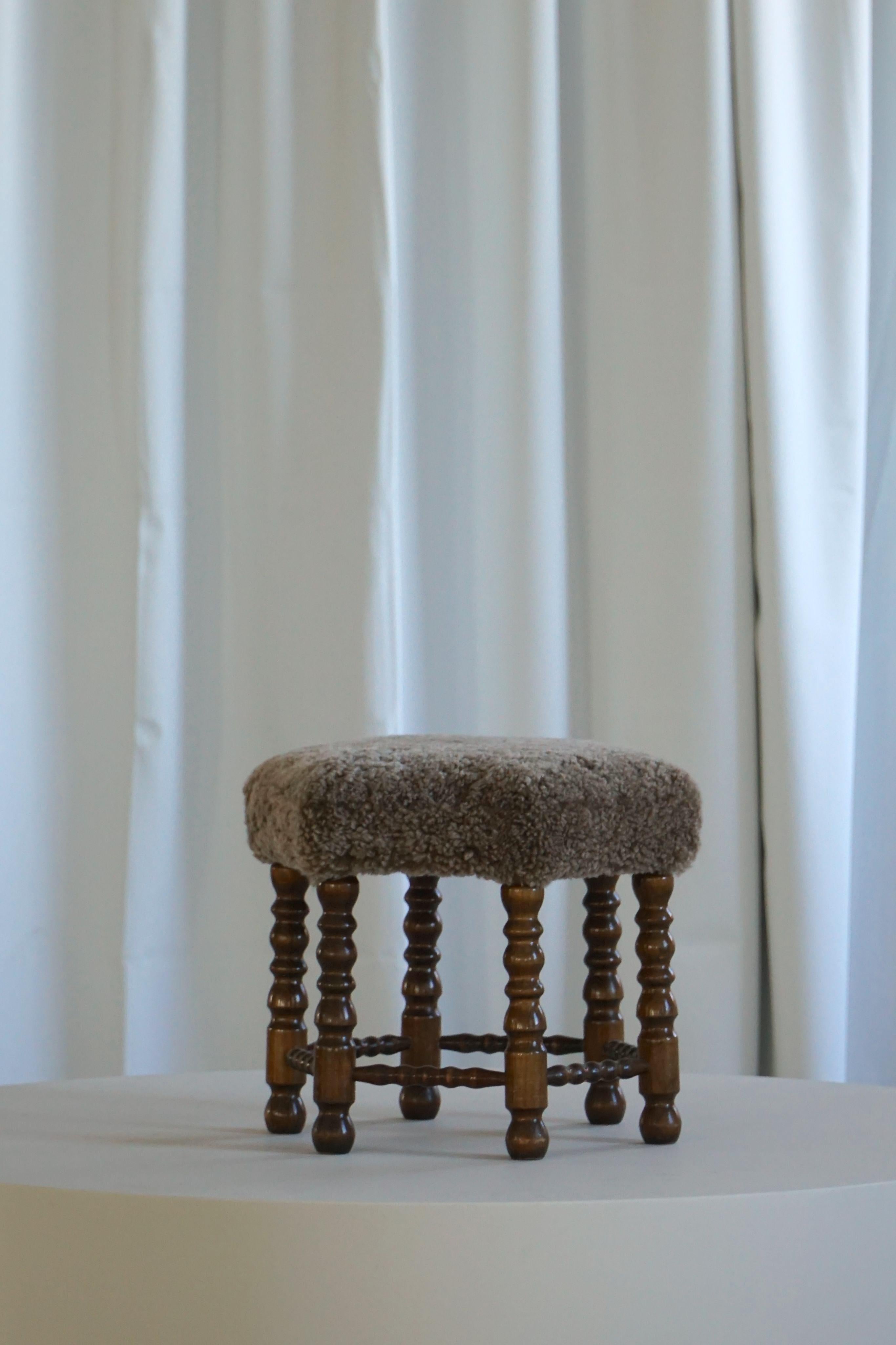 Hand-Crafted A Hexagon Stool in Oak, Reupholstered in Lambswool, Danish Cabinetmaker, 1950s For Sale