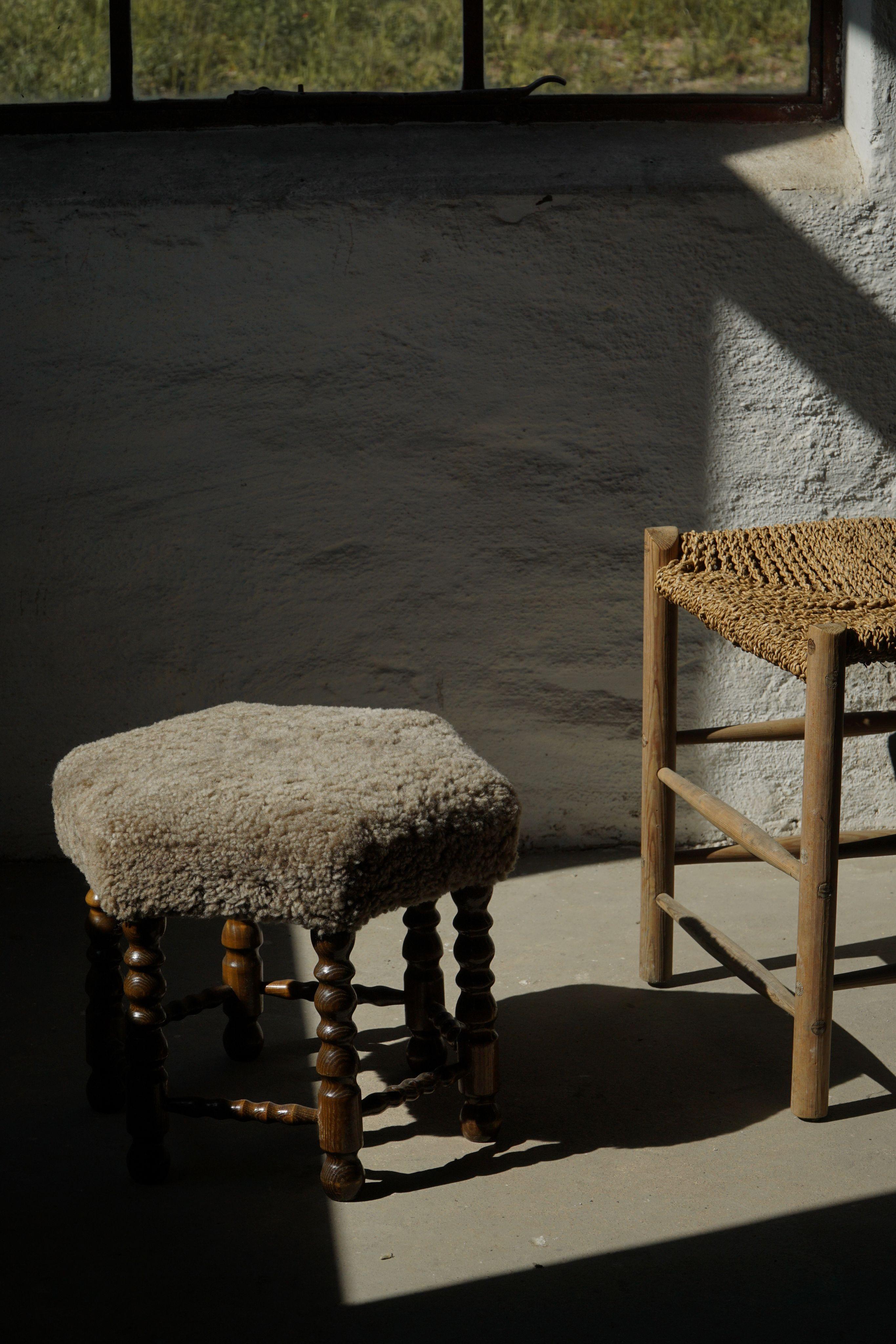 20th Century A Hexagon Stool in Oak, Reupholstered in Lambswool, Danish Cabinetmaker, 1950s For Sale