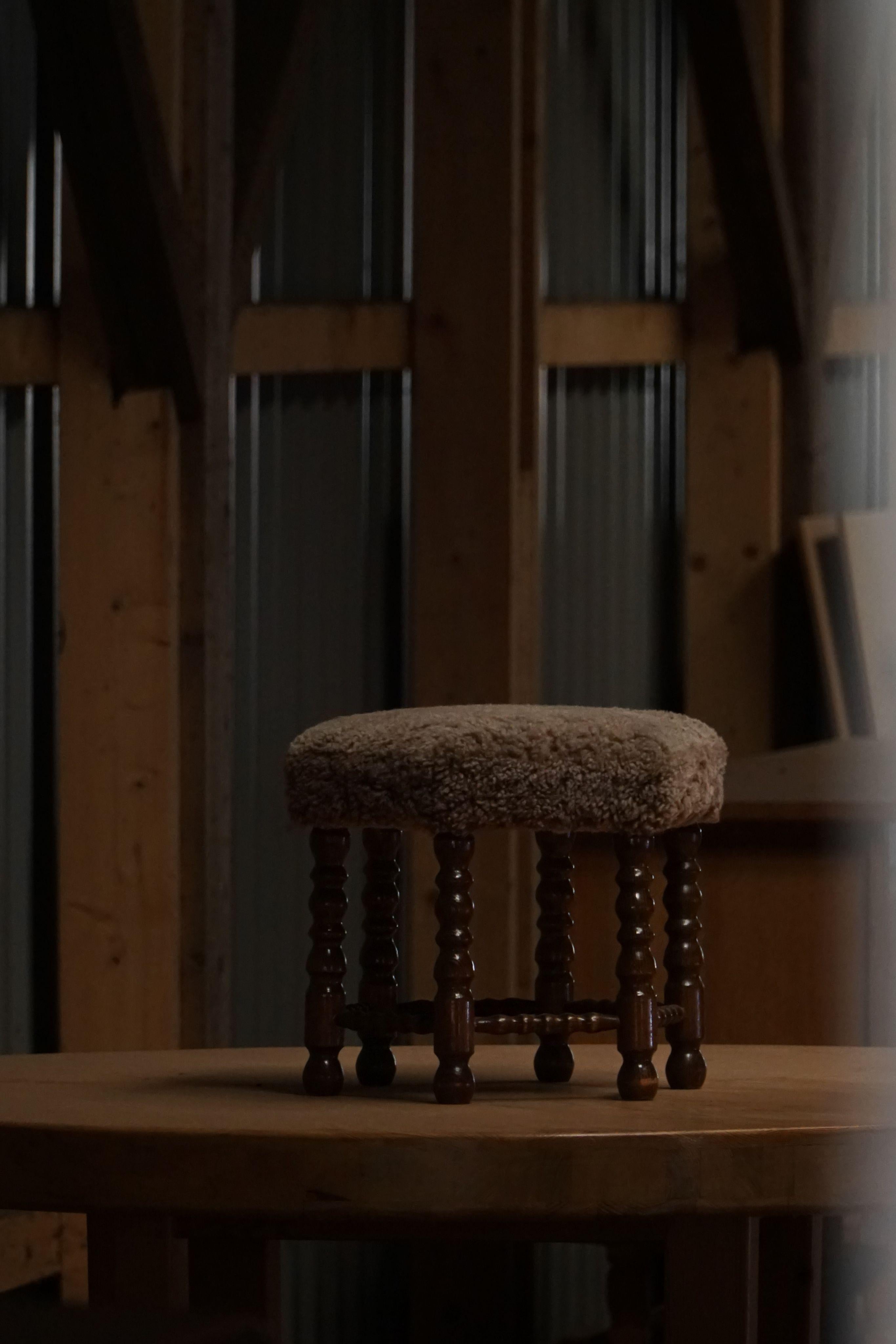 Lambskin A Hexagon Stool in Oak, Reupholstered in Lambswool, Danish Cabinetmaker, 1950s For Sale