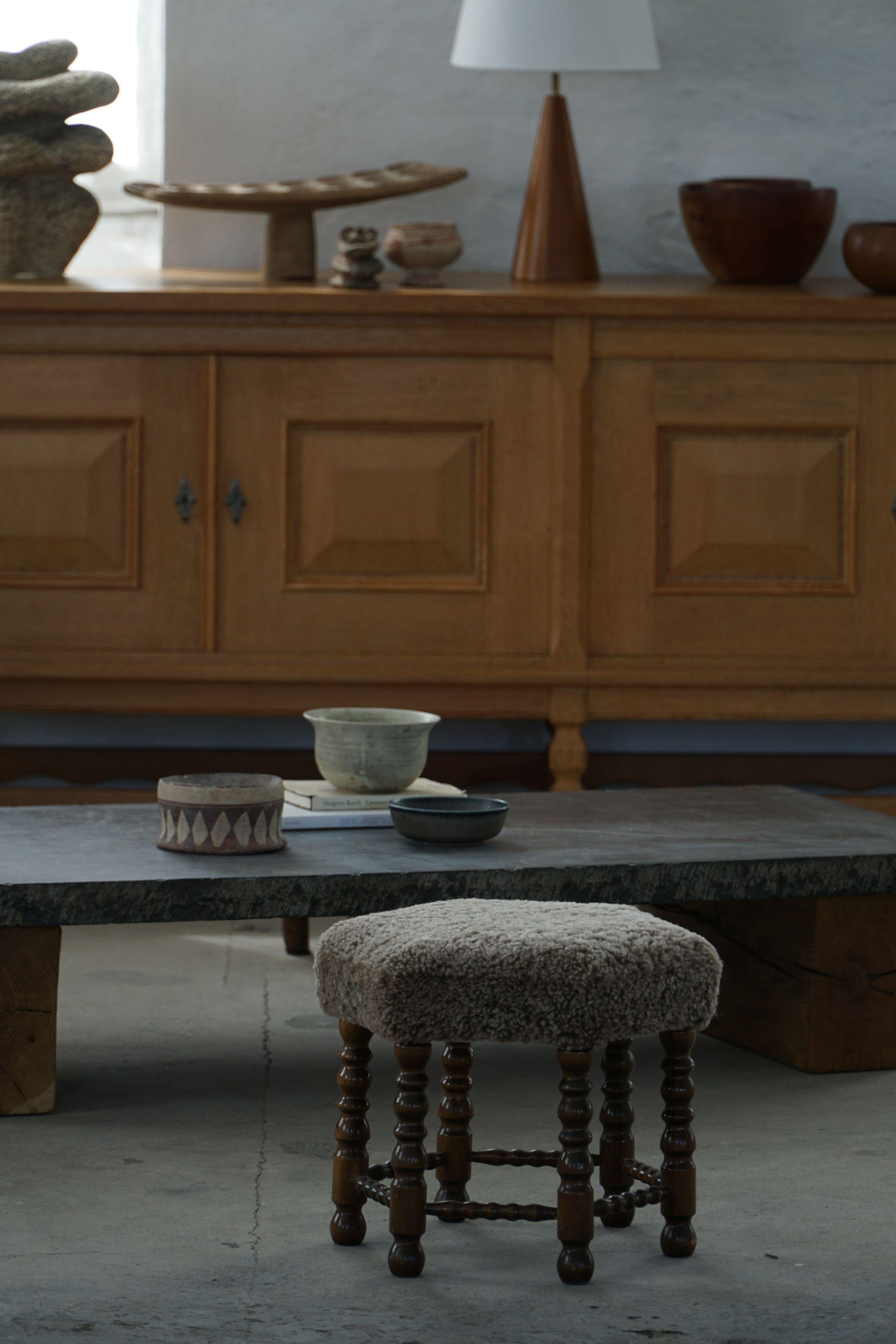 A Hexagon Stool in Oak, Reupholstered in Lambswool, Danish Cabinetmaker, 1950s For Sale 2