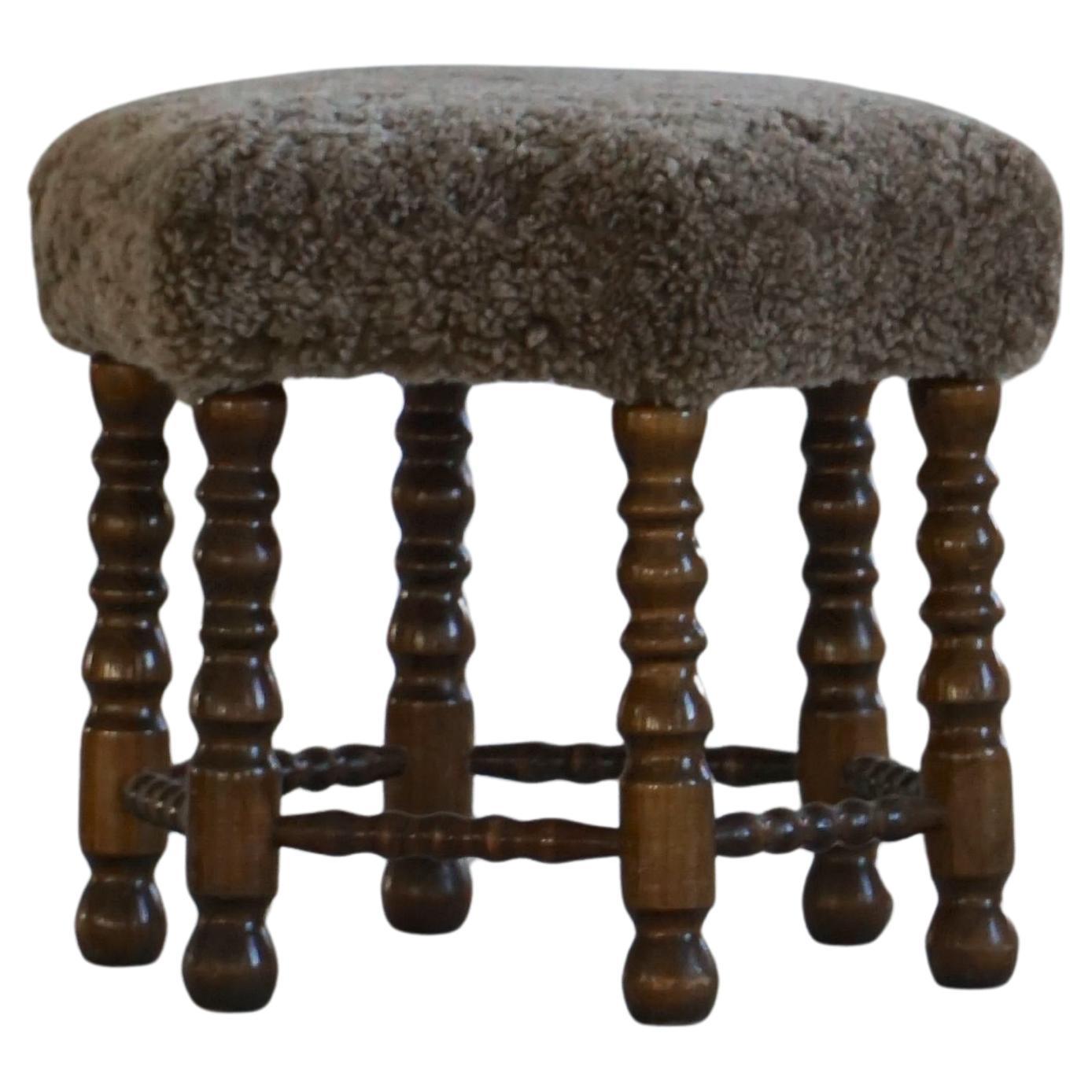A Hexagon Stool in Oak, Reupholstered in Lambswool, Danish Cabinetmaker, 1950s