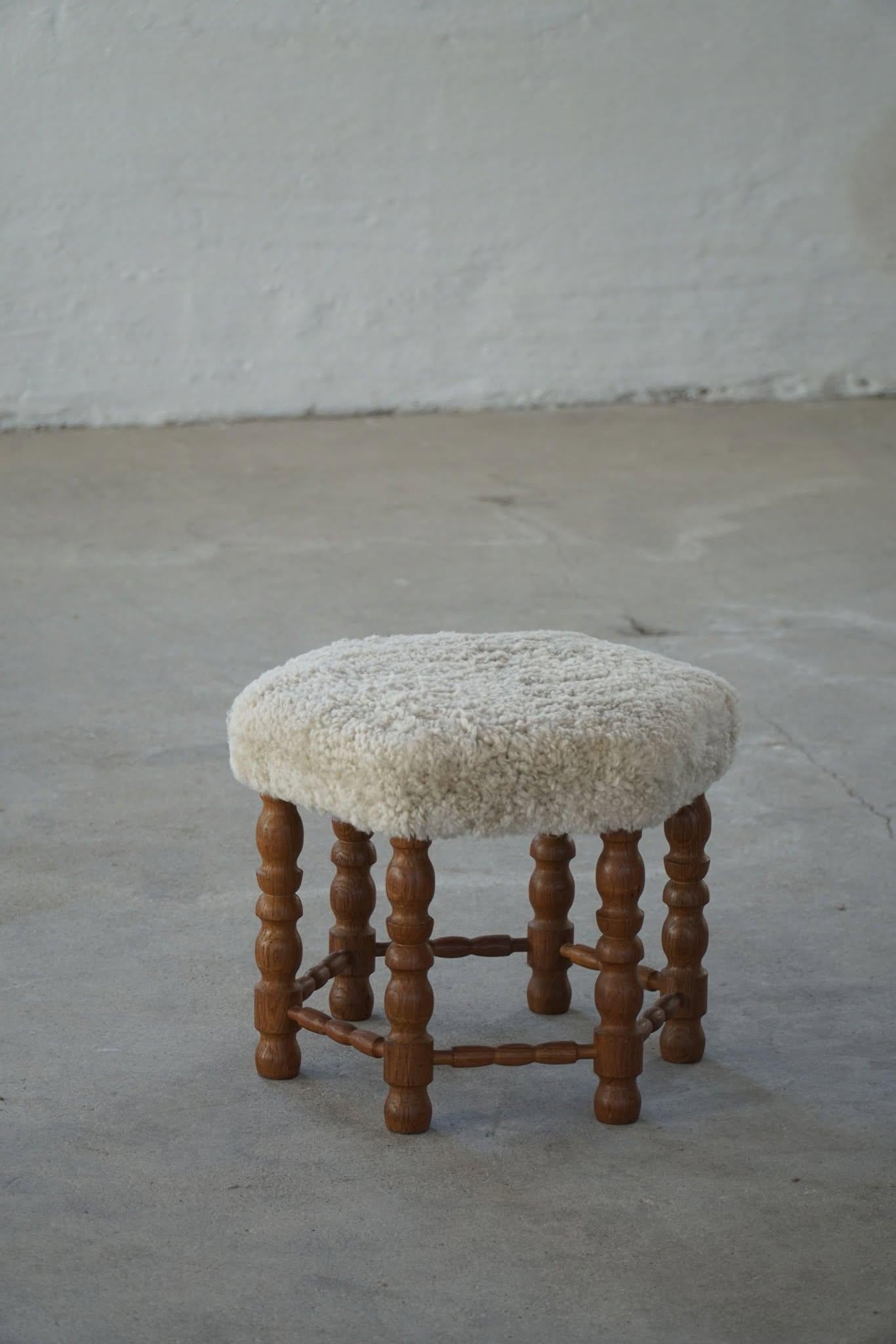 Baroque A Hexagon Stool in Oak, Reupholstered Seat in Lambswool, Danish Modern, 1950s