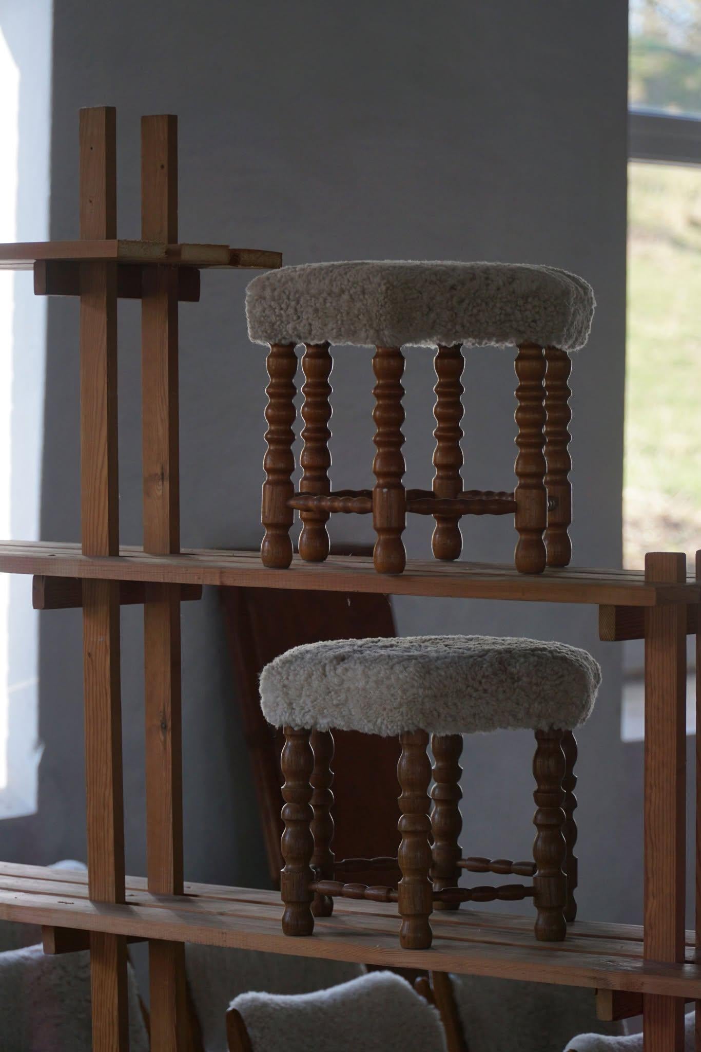 20th Century A Hexagon Stool in Oak, Reupholstered Seat in Lambswool, Danish Modern, 1950s