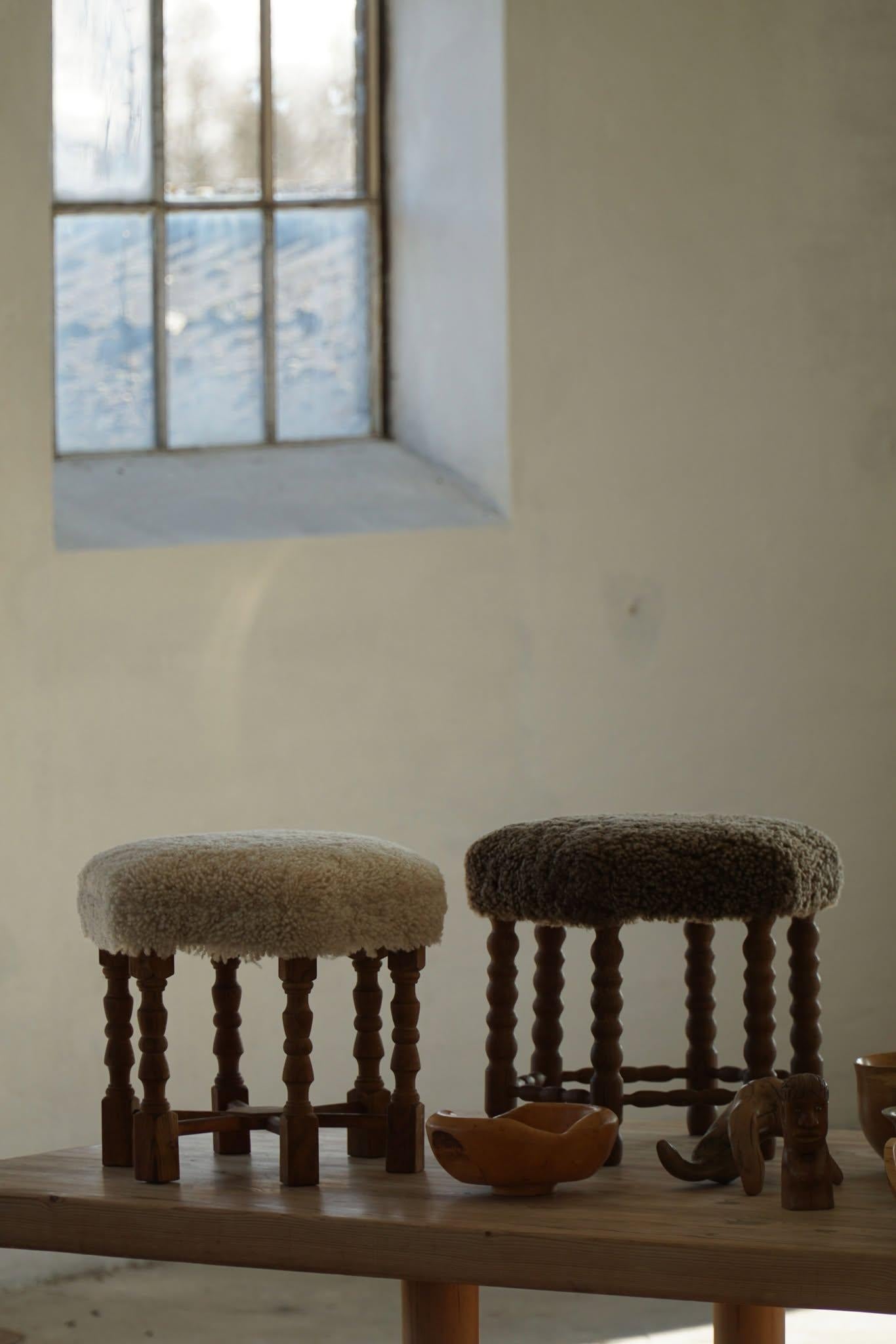 A Hexagon Stool in Oak, Reupholstered Seat in Lambswool, Danish Modern, 1950s 1