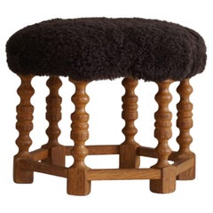A Hexagon Stool in Oak, Reupholstered Seat in Lambswool, Danish Modern, 1950s