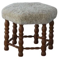A Hexagon Stool in Oak, Reupholstered Seat in Lambswool, Danish Modern, 1950s