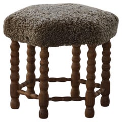 A Hexagon Stool in Oak, Reupholstered Seat in Lambswool, Danish Modern, 1950s