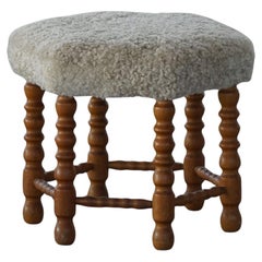A Hexagon Stool in Oak, Reupholstered Seat in Lambswool, Danish Modern, 1950s
