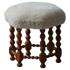 A Hexagon Stool in Oak, Reupholstered Seat in Lambswool, Danish Modern, 1950s