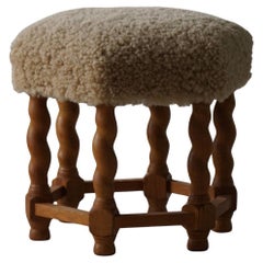 A Hexagon Stool in Oak, Reupholstered Seat in Lambswool, Danish Modern, 1950s