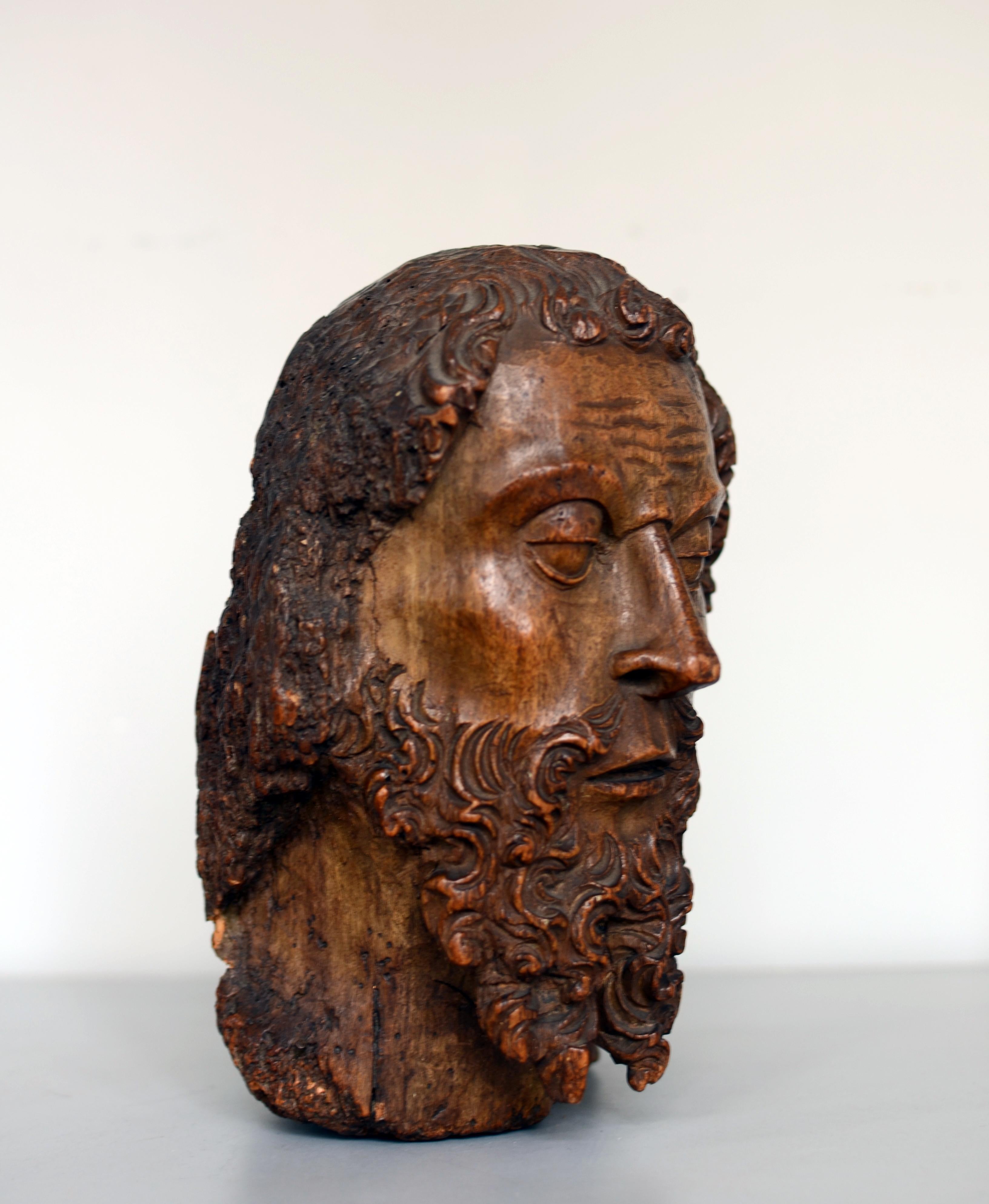 High Gothic French Iberian Wooden Bust of Saint John the Baptist 1