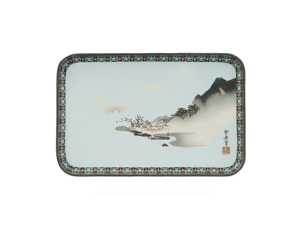 A rare 19th Century Japanese copper serving tray with cloisonne enamel design. The central part of the tray depicts a wireless cloisonne picture, a coastal landscape view with a full moon. The hieroglyphical signature of the artist is in the lower