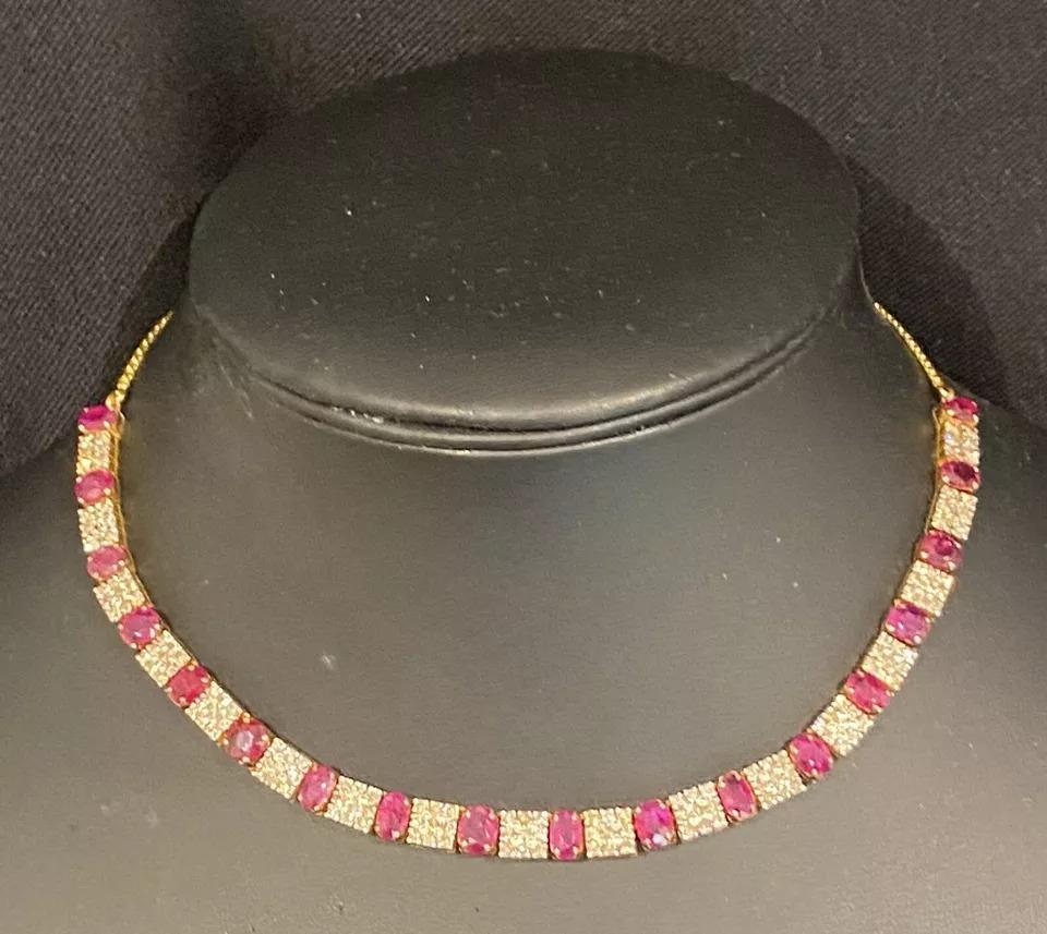 Collier vintage de haute qualité en or massif 21k / 21ct, diamants 2,8ct et rubis 10ct 7