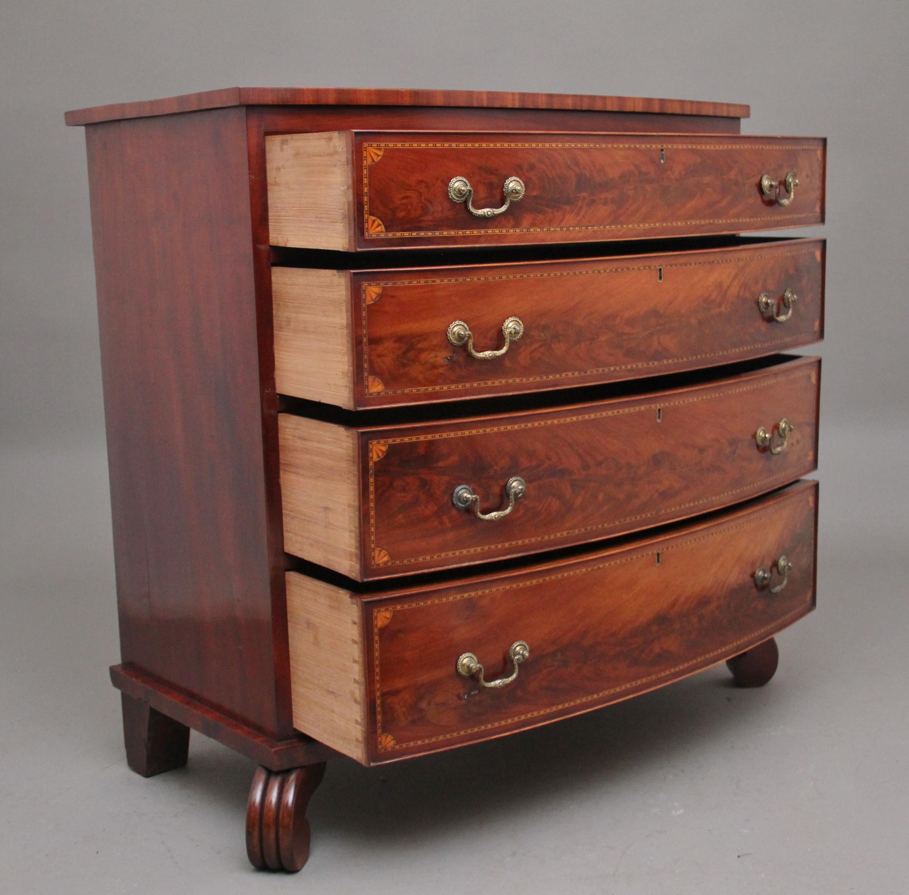 William IV Highly Decorative Early 19th Century Flame Mahogany and Inlaid Bowfront Chest  For Sale