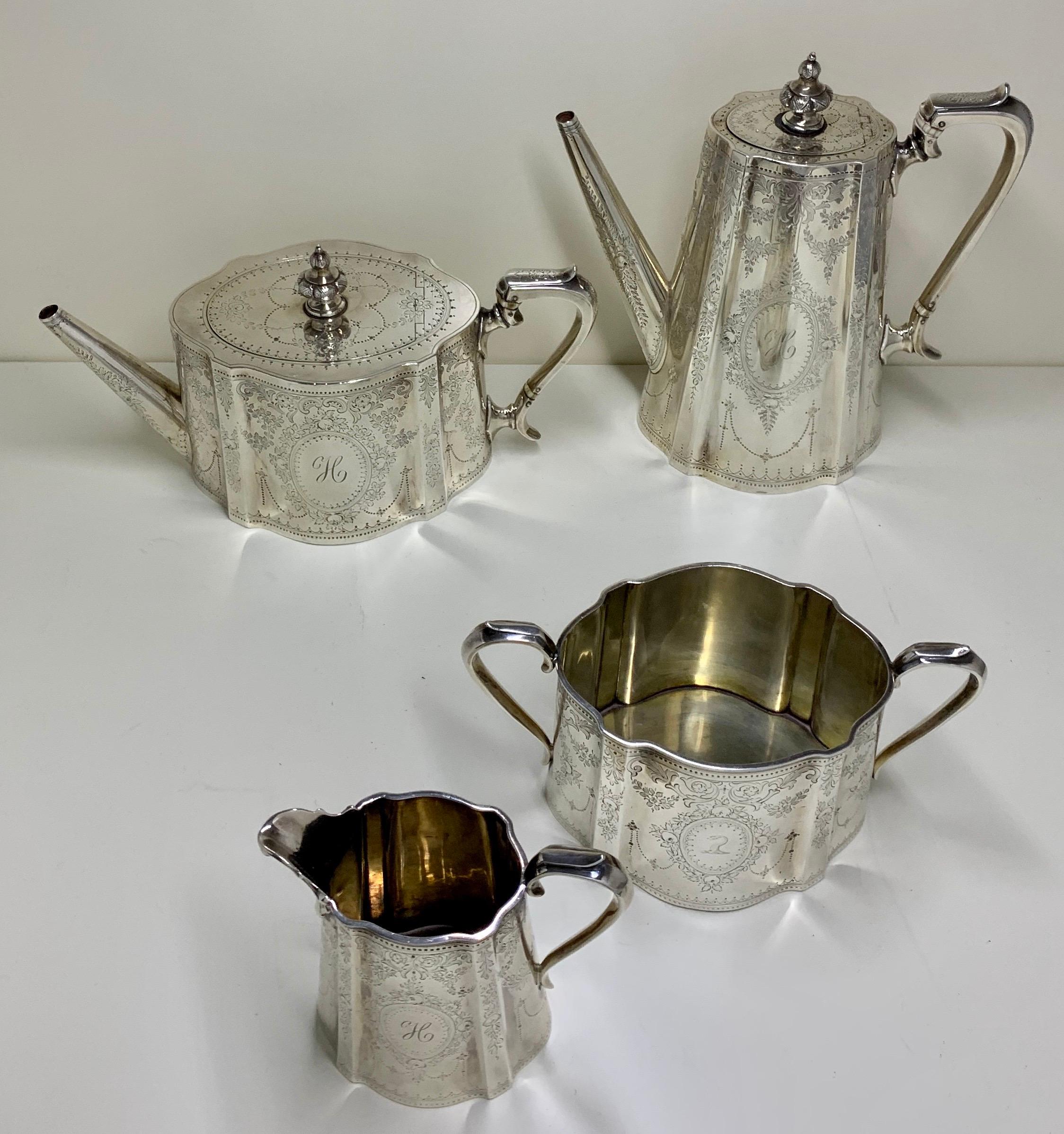 Highly Engraved Victorian Sterling Silver Tea Coffee Service, 1873 For Sale 5