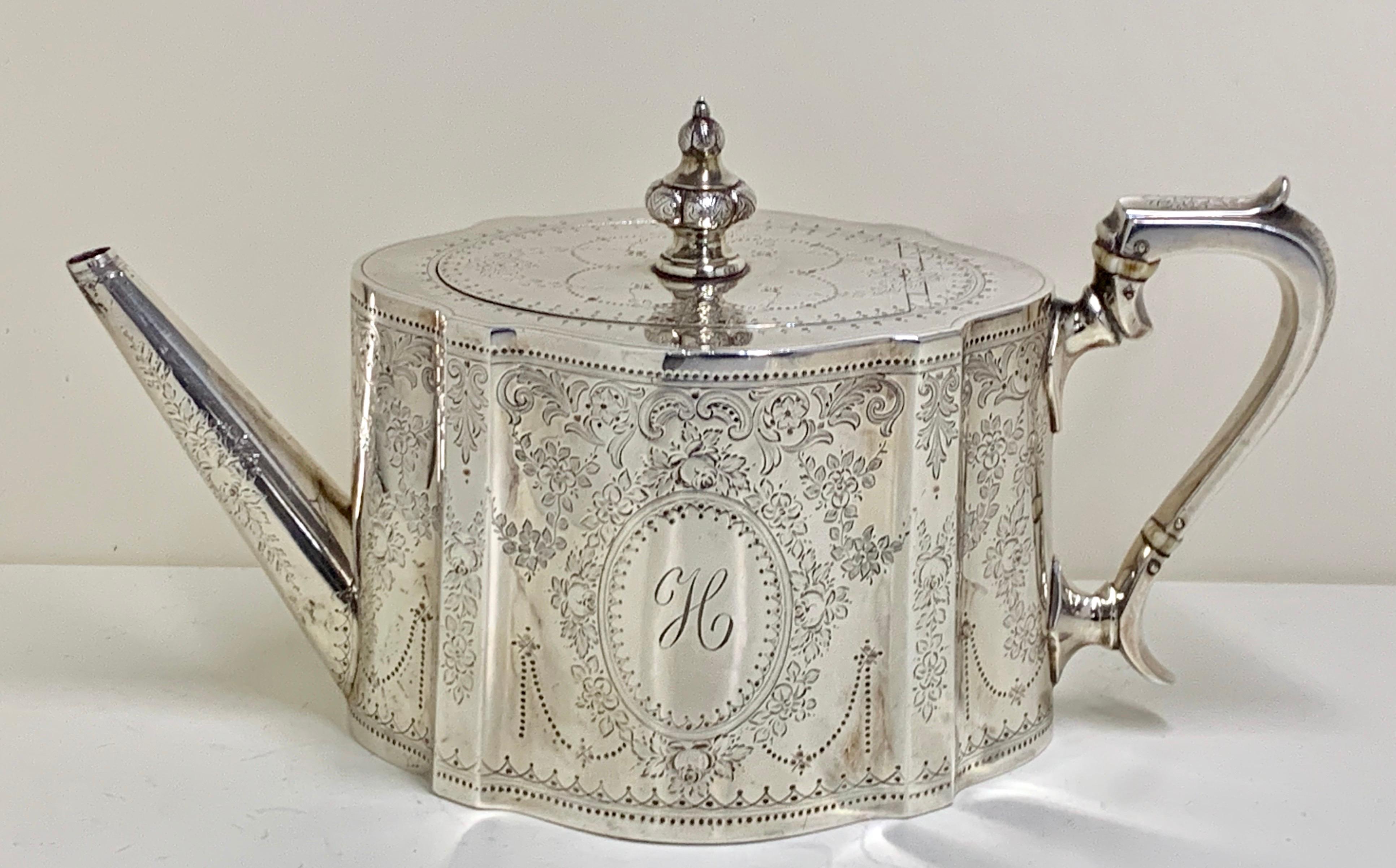 British Highly Engraved Victorian Sterling Silver Tea Coffee Service, 1873 For Sale
