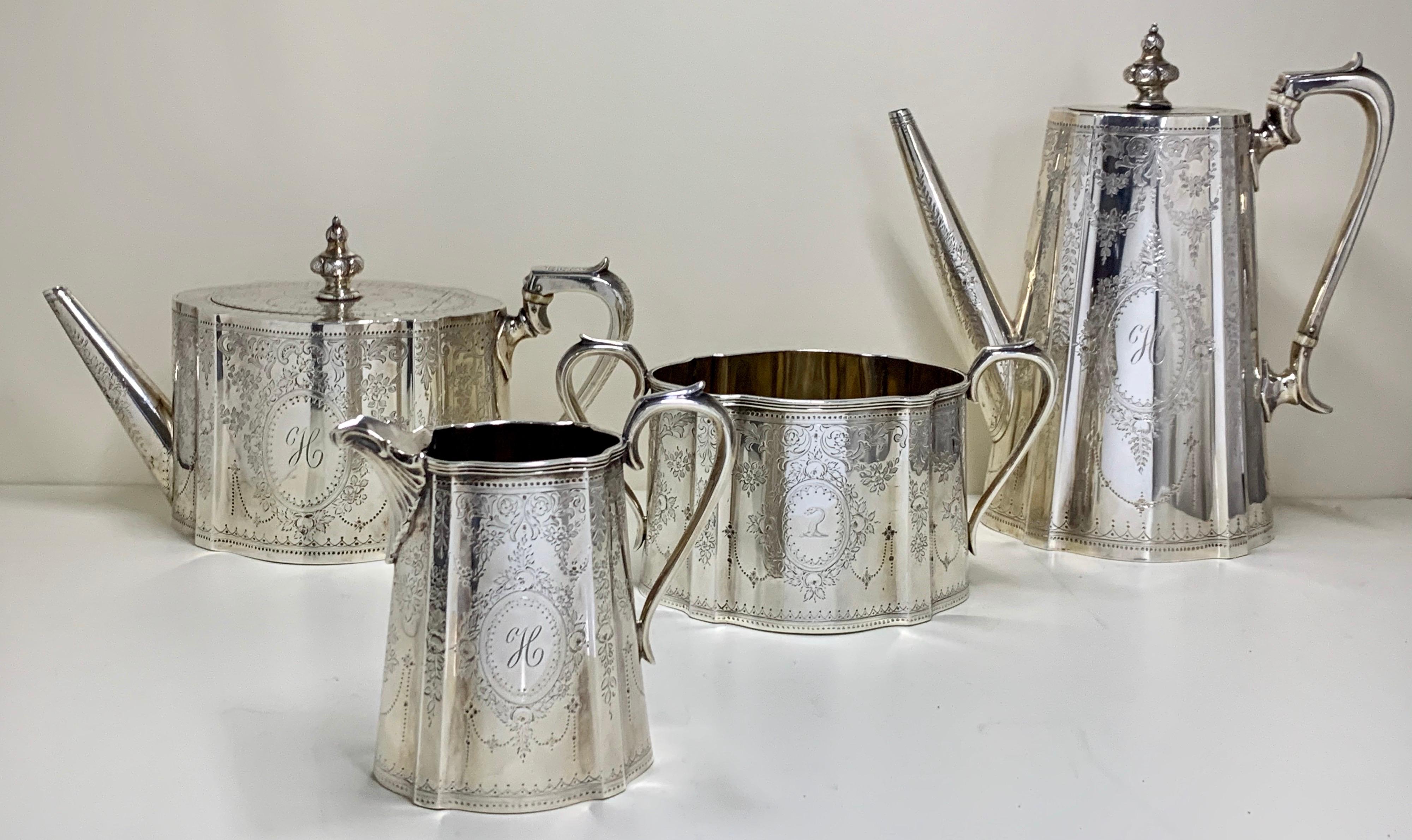 Highly Engraved Victorian Sterling Silver Tea Coffee Service, 1873 For Sale 3