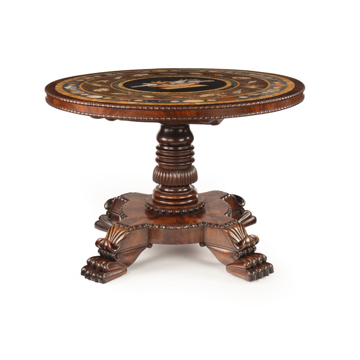 A Highly Important Documentary Pietra Dura Table Top by Giuseppe Darmanin of Malta on its Original English Mahogany with Rosewood cross banding table base, c.1835

The table base of carved rosewood in the late George IV style. The table features