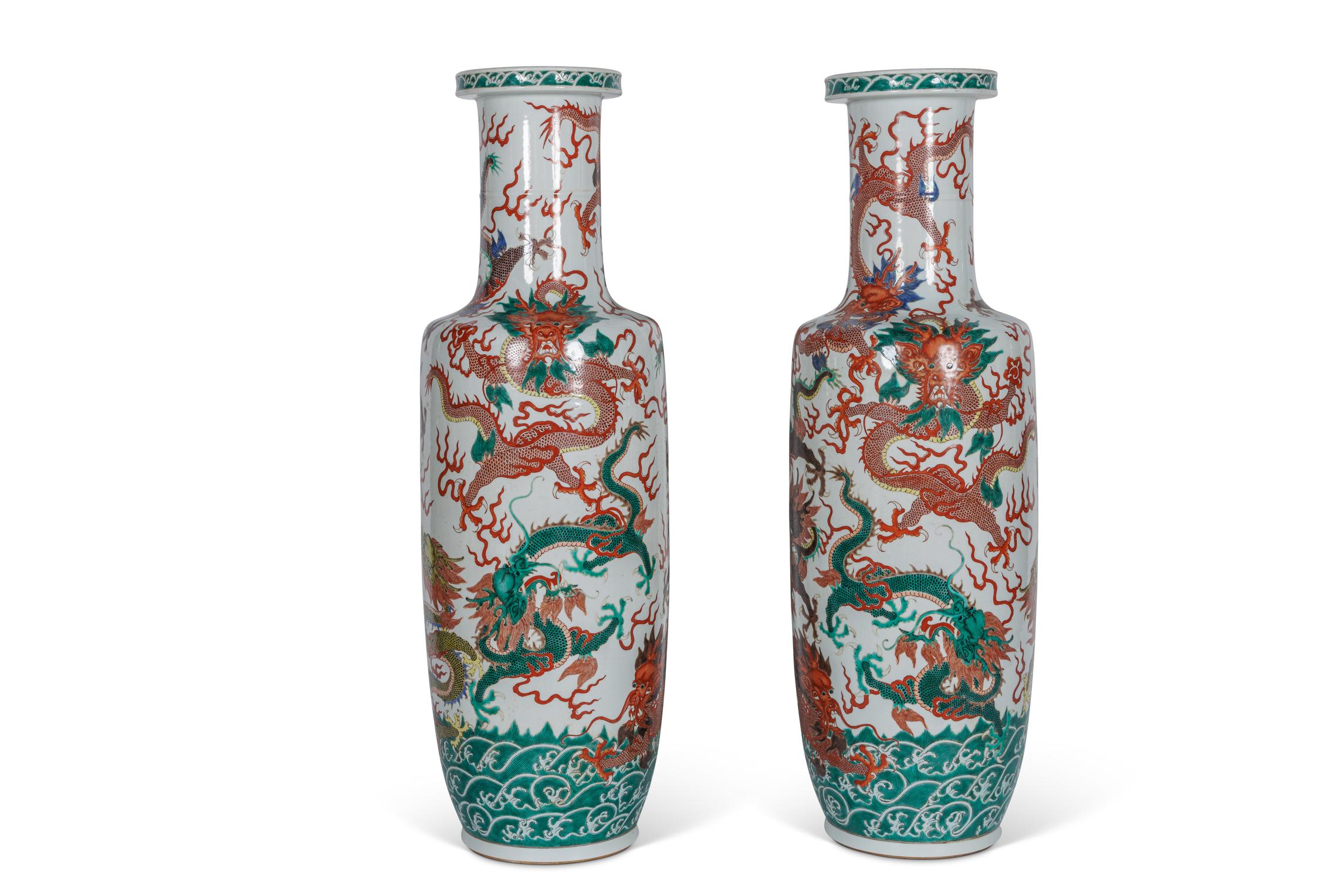 A Highly Rare Pair of Monumental Qing Dynasty Rouleau Porcelain 
