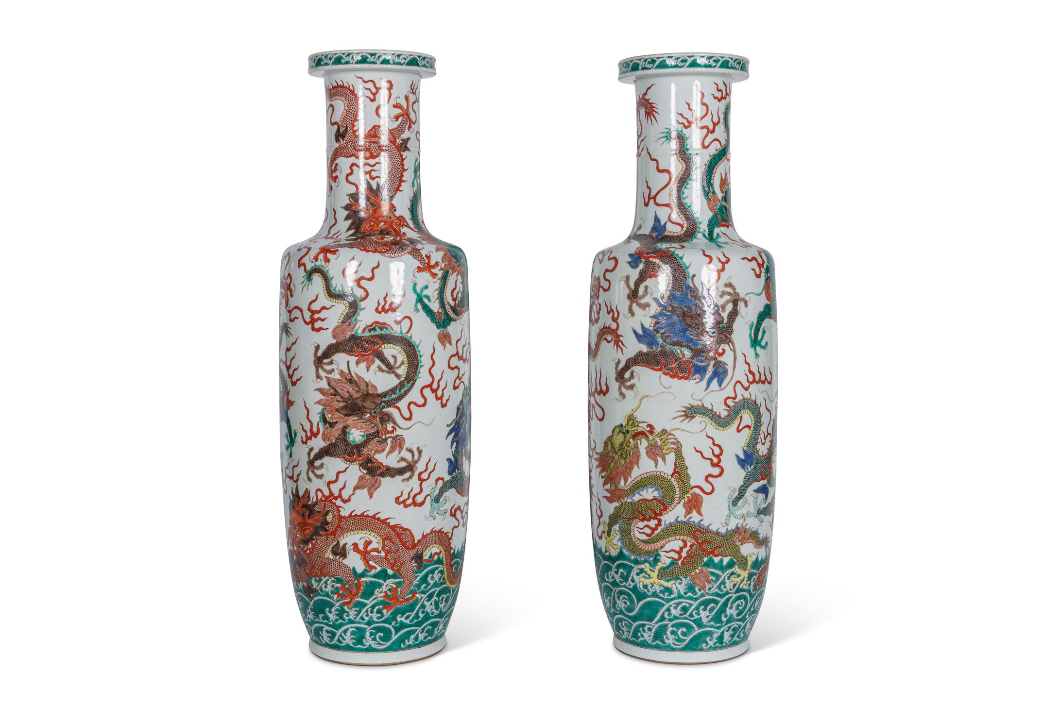 A Highly Rare Pair of Monumental Qing Dynasty Rouleau Porcelain 