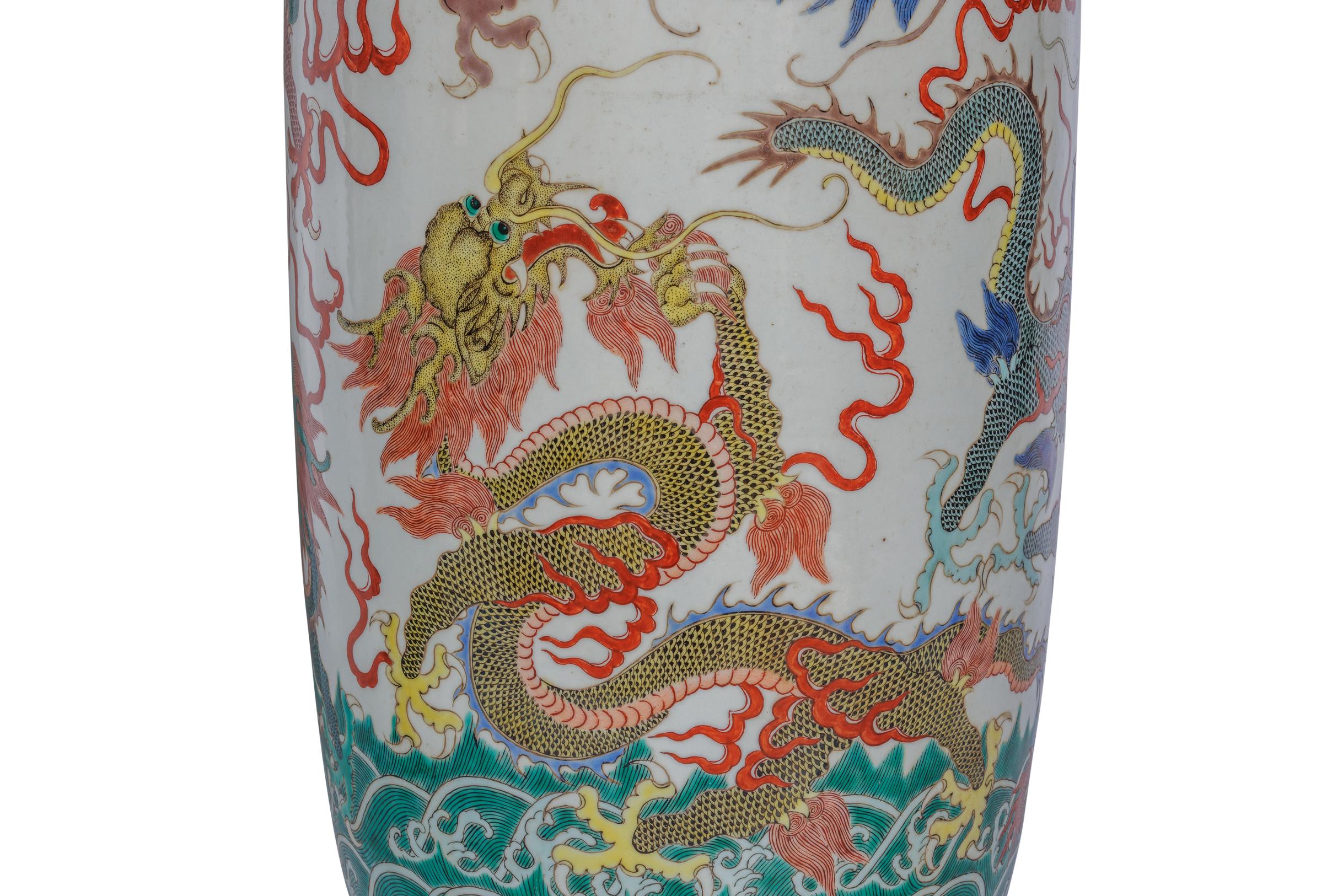 A Highly Rare Pair of Monumental Qing Dynasty Rouleau Porcelain 