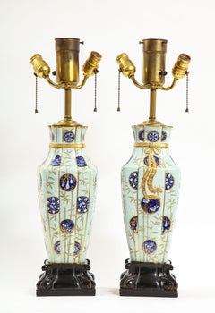A Highly Unusual Pair of English Japanism Motif Porcelain Vases Turned to Lamps