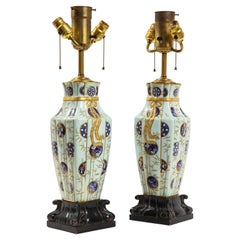 A Highly Unusual Pair of English Japanism Motif Porcelain Vases Turned to Lamps