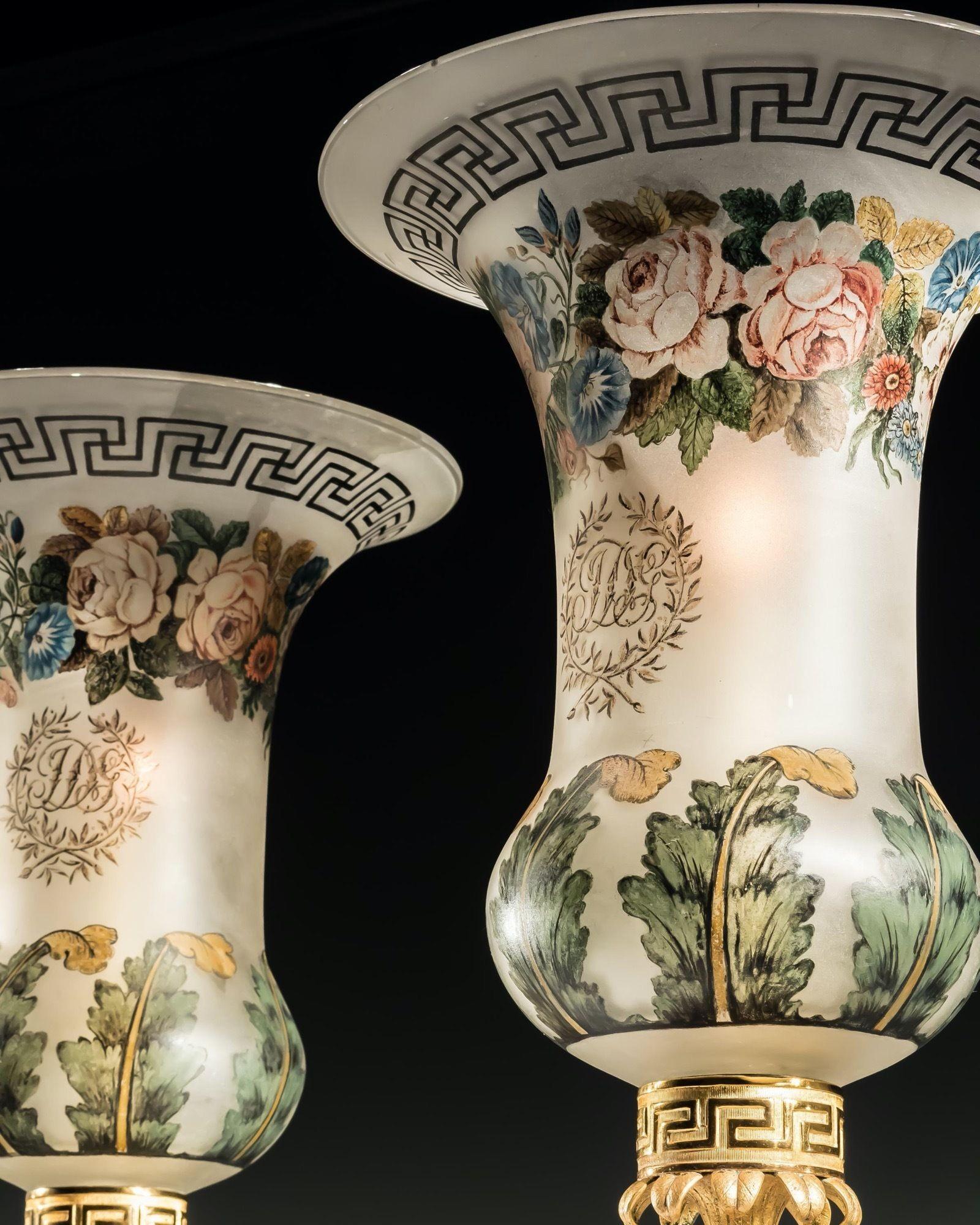 Early 19th Century Highly Unusual Pair of Regency Storm Lights with Painted Shades For Sale