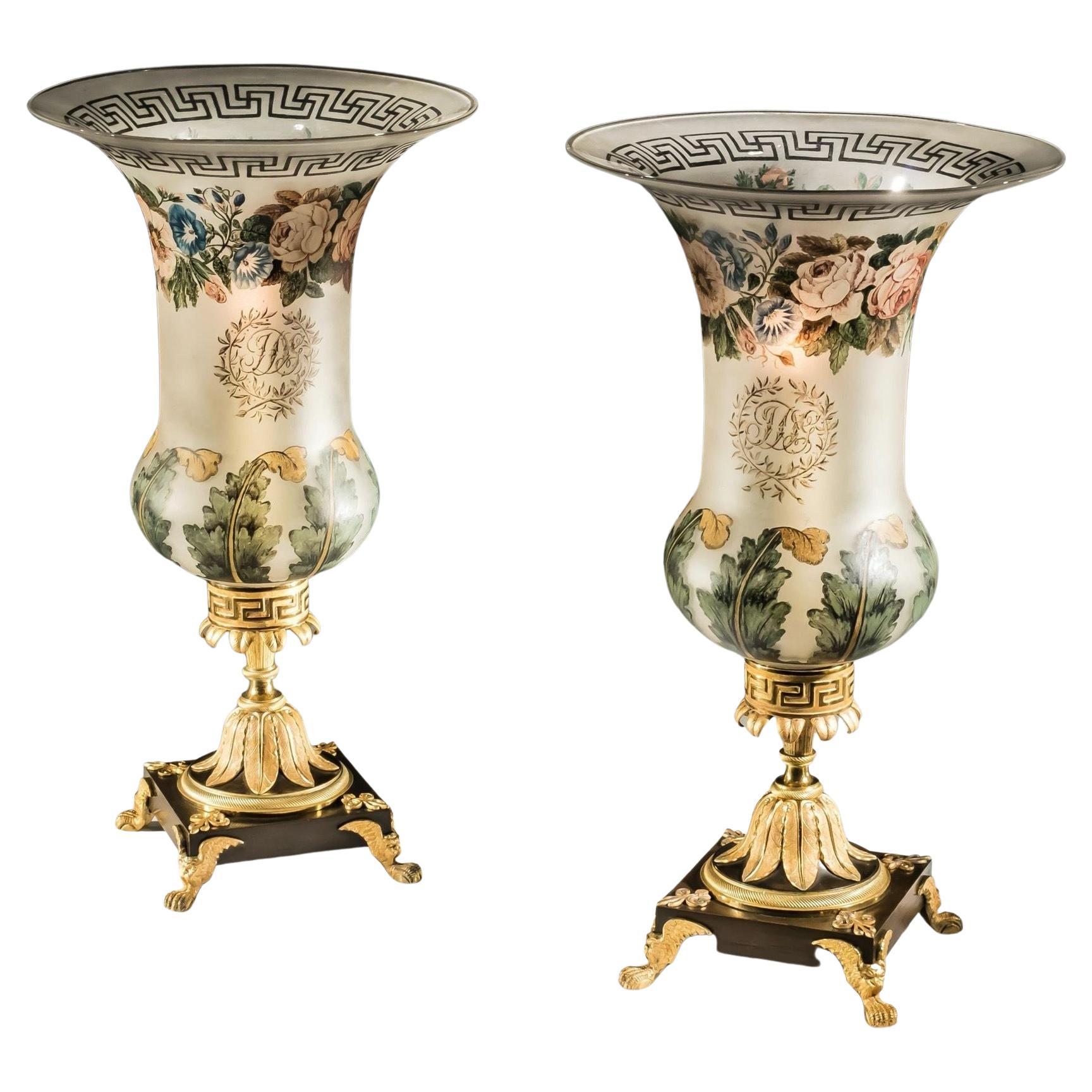 Highly Unusual Pair of Regency Storm Lights with Painted Shades For Sale