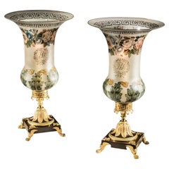 Highly Unusual Pair of Regency Storm Lights with Painted Shades