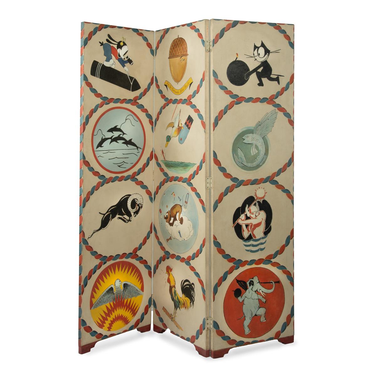 A highly unusual screen with United States Naval Insignia of Presidential interest. This three-fold screen is painted in watercolours with four roundels on each panel.  One roundel encloses the Ogden family crest and the other eight have U.S. Navy