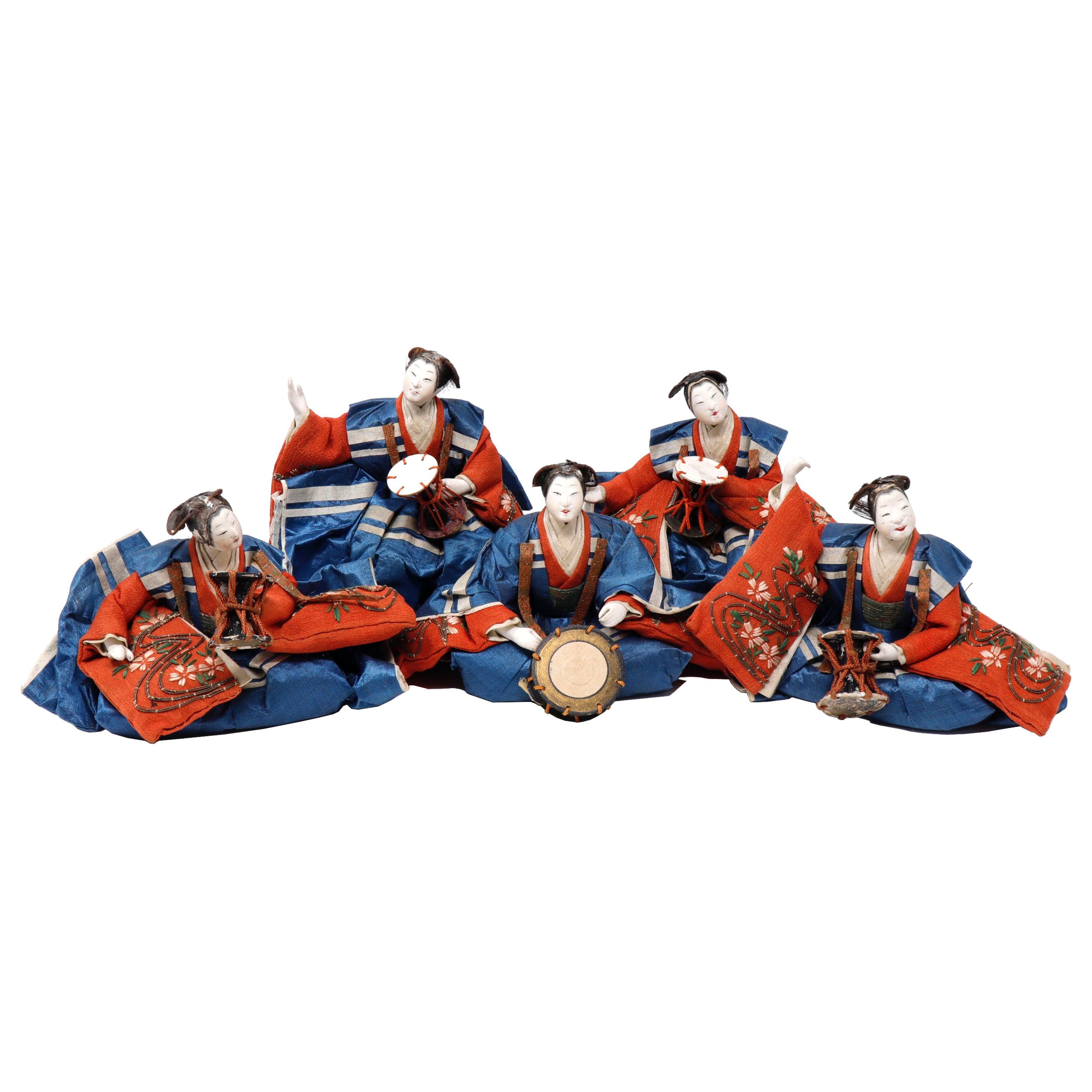 Hina Ningyo Set of Five Female Tsuzumi Percussionists, Edo Period For Sale