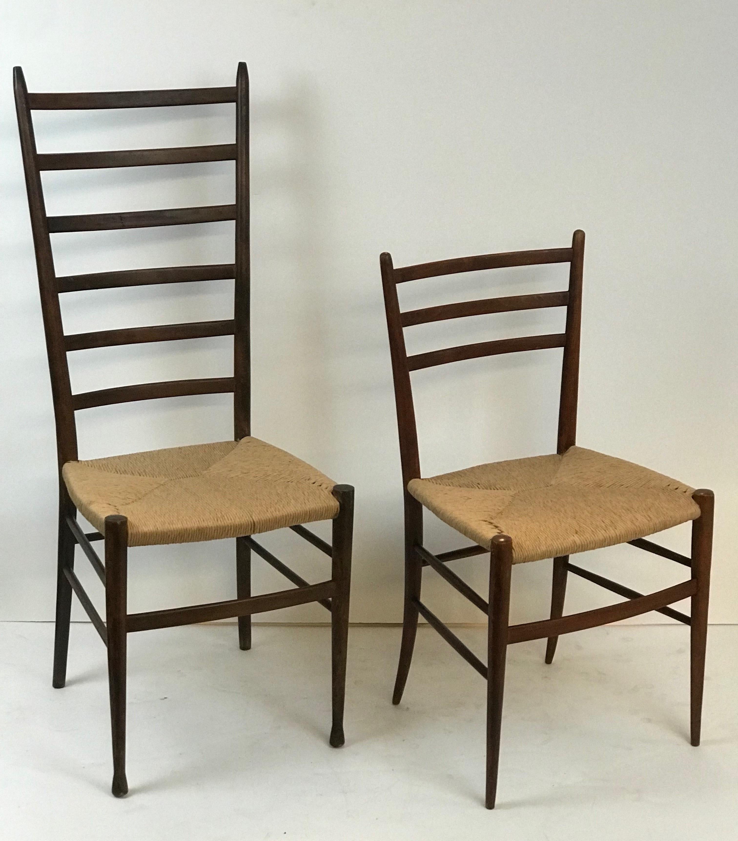 A matched un-matching 1950's his and hers pair of traditional Spinetto, Italian ladder back chairs made by Chiavari with new hemp rope woven seats in medium walnut finish. Both chairs were recently redone and are in excellent structural and cosmetic